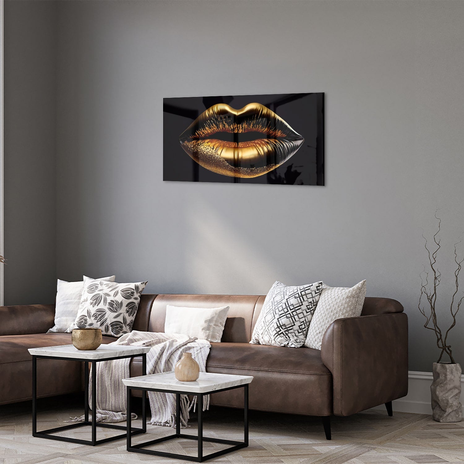 Glasbild mit goldenen Lippen – elegante Wanddekoration – Glasbild aus Sicherheitsglas, Größe 125x50