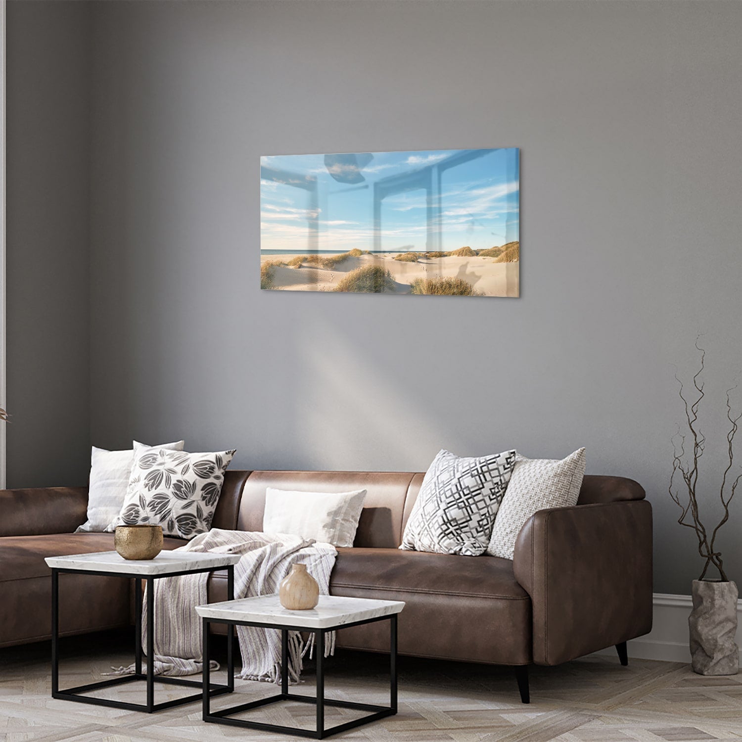 Glasbild mit Dünen und blauem Himmel – Glasbild aus Sicherheitsglas, Größe 125x50