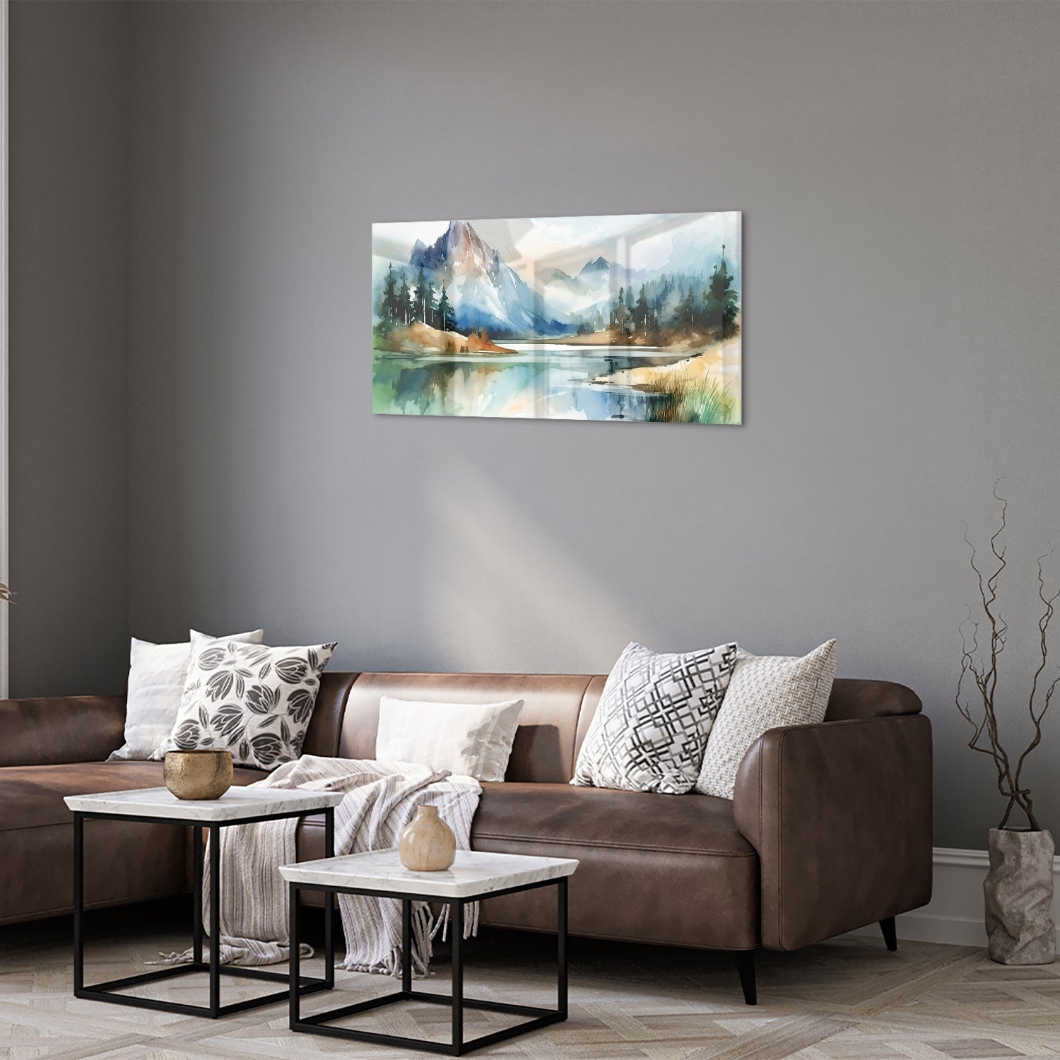 Glasbild mit Bergen und See im Aquarellstil – Glasbild aus Sicherheitsglas, Größe 125x50