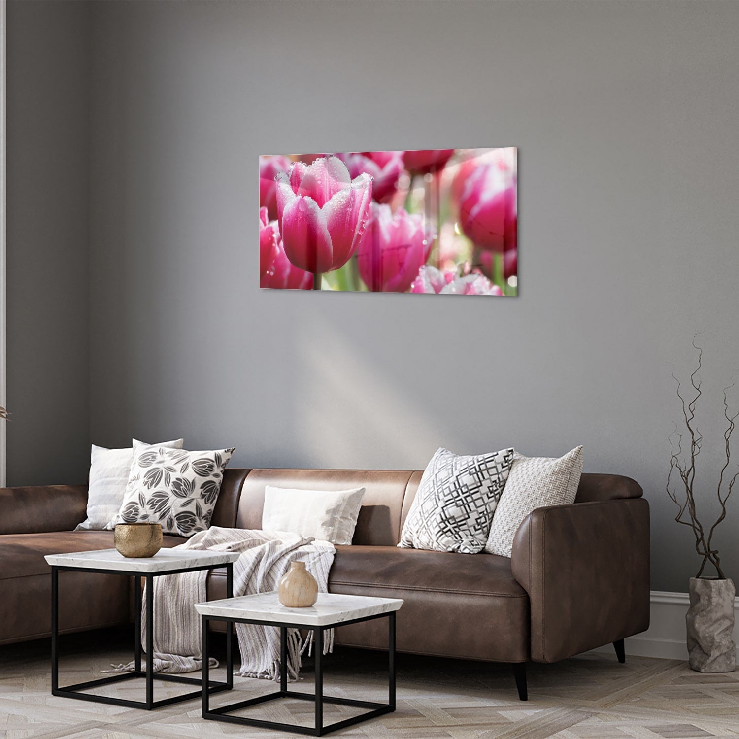 Glasbild mit bezaubernden rosa Tulpen – Glasbild aus Sicherheitsglas, Größe 125x50
