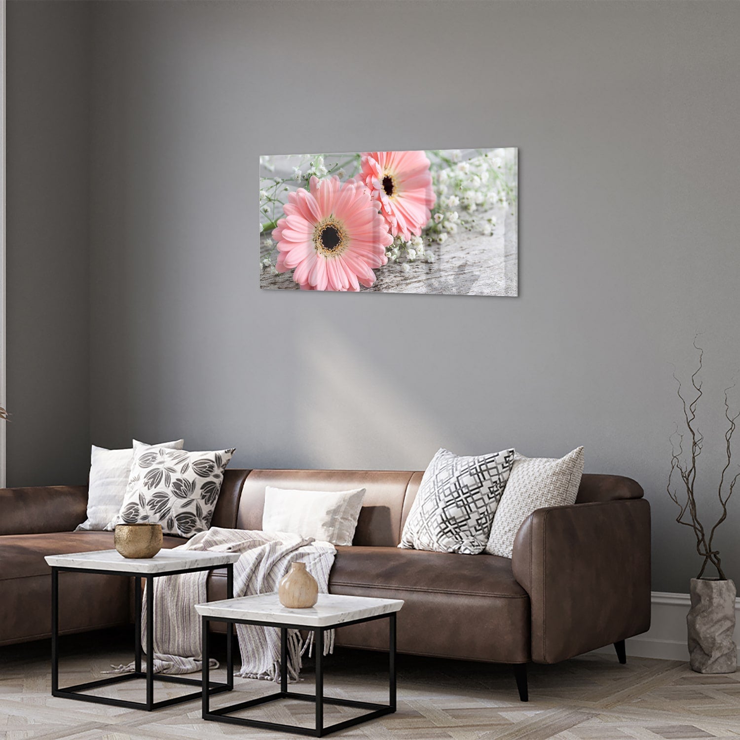 Rosafarbenes Gerbera-Glasbild für ein modernes Zuhause – Glasbild aus Sicherheitsglas, Größe 125x50