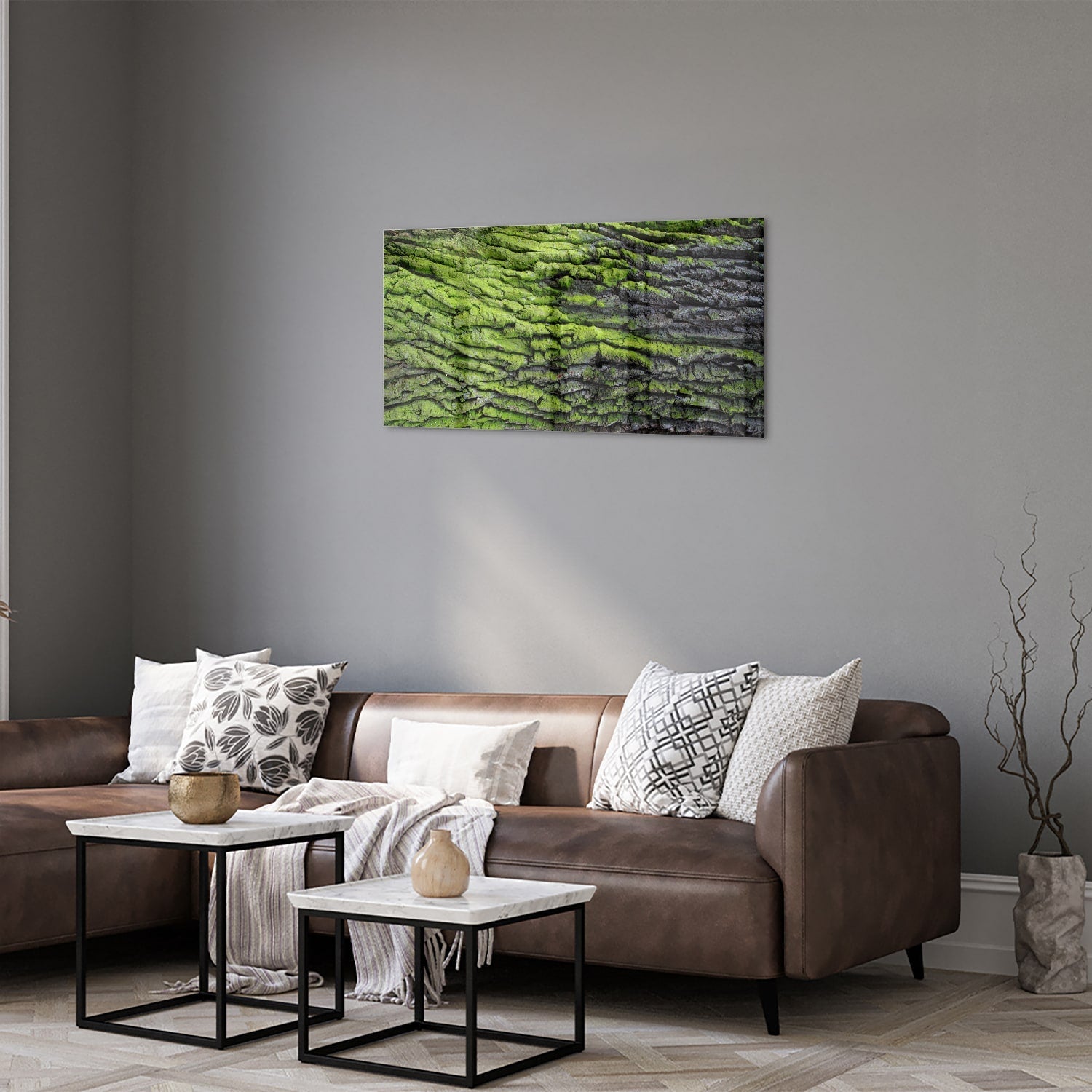 Glasbild mit moosartiger Textur – Glasbild aus Sicherheitsglas, Größe 125x50