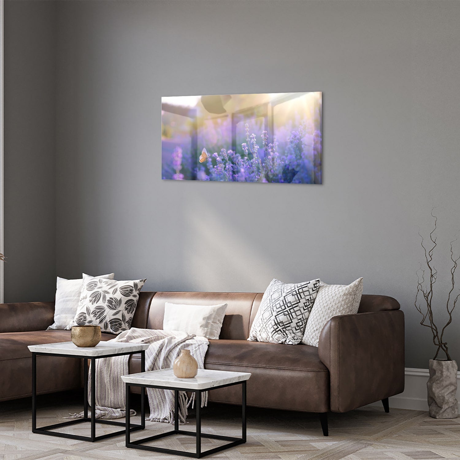 Glasbild mit violettem Lavendel und Schmetterling – Glasbild aus Sicherheitsglas, Größe 125x50
