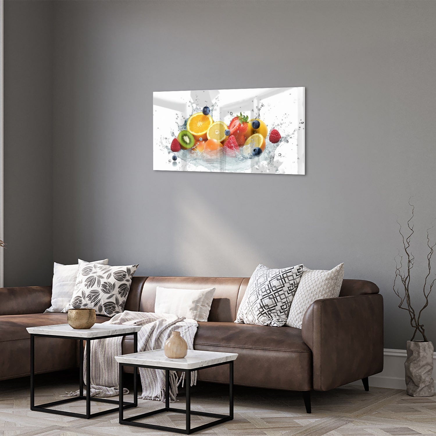 Stimmungsvolles Glasbild mit farbenfroher Fruchtkomposition – Glasbild aus Sicherheitsglas, Größe 125x50