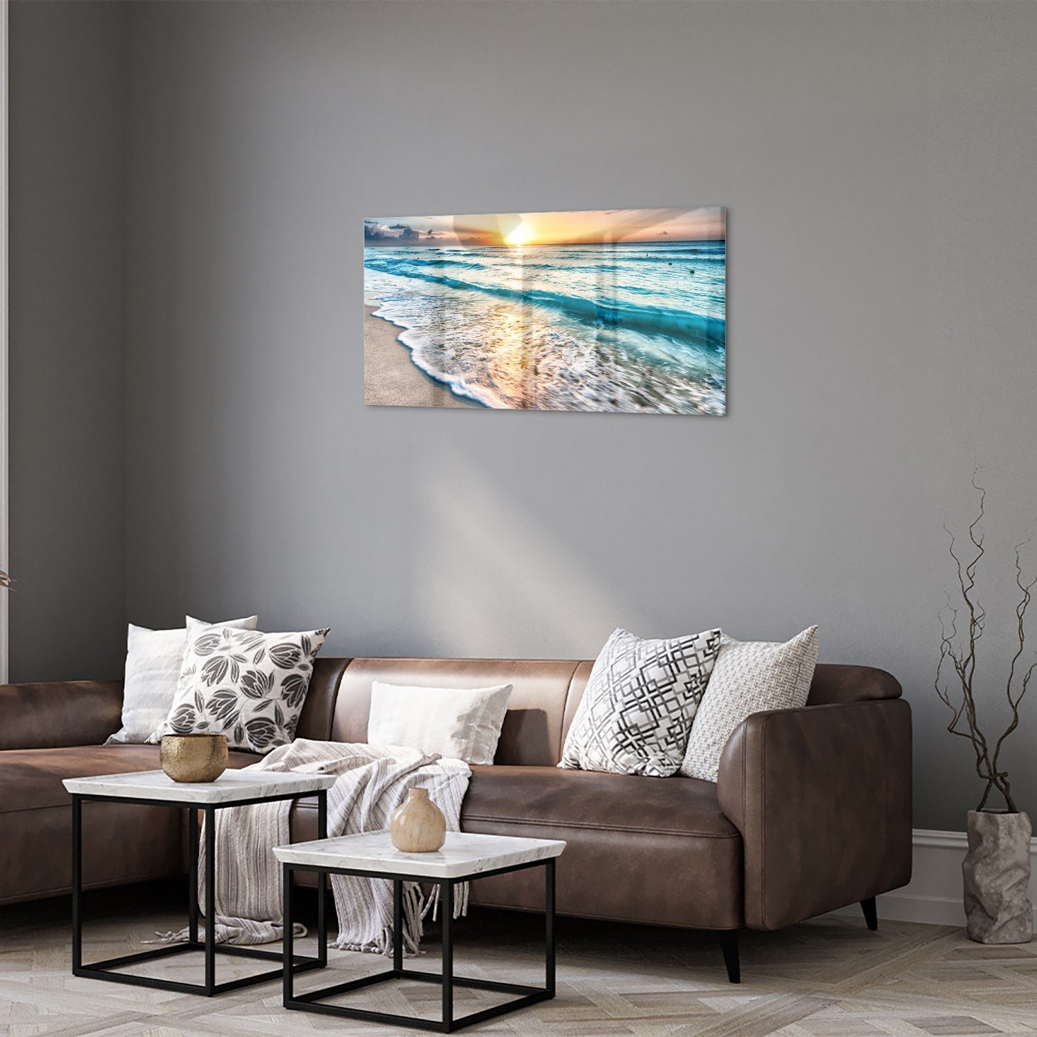 Wunderschönes Glasbild mit einem Sonnenuntergang am See – Glasbild aus Sicherheitsglas, Größe 125x50