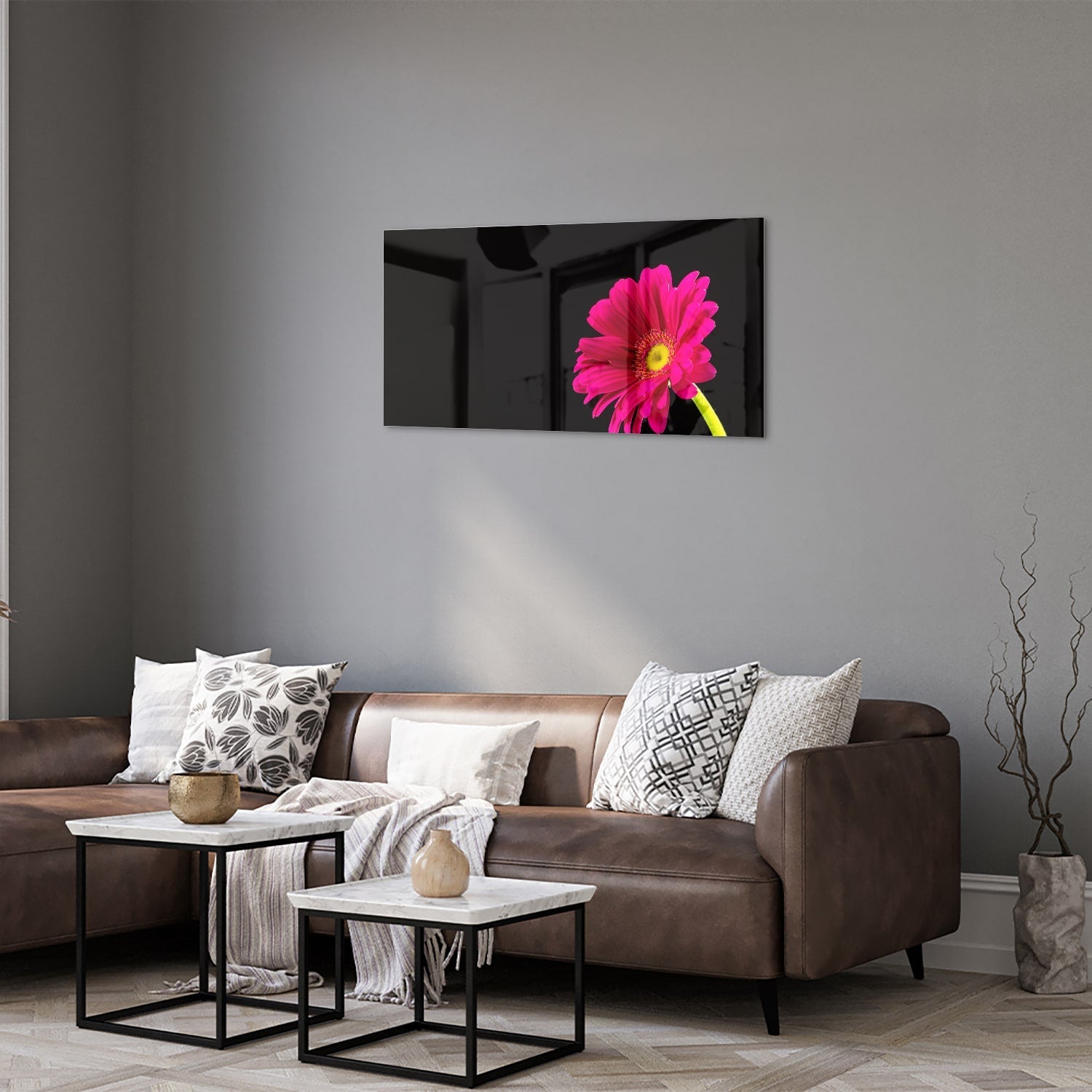 Glasbild – Wunderschöne rosa Gerbera auf schwarzem Hintergrund – Glasbild aus Sicherheitsglas, Größe 125x50