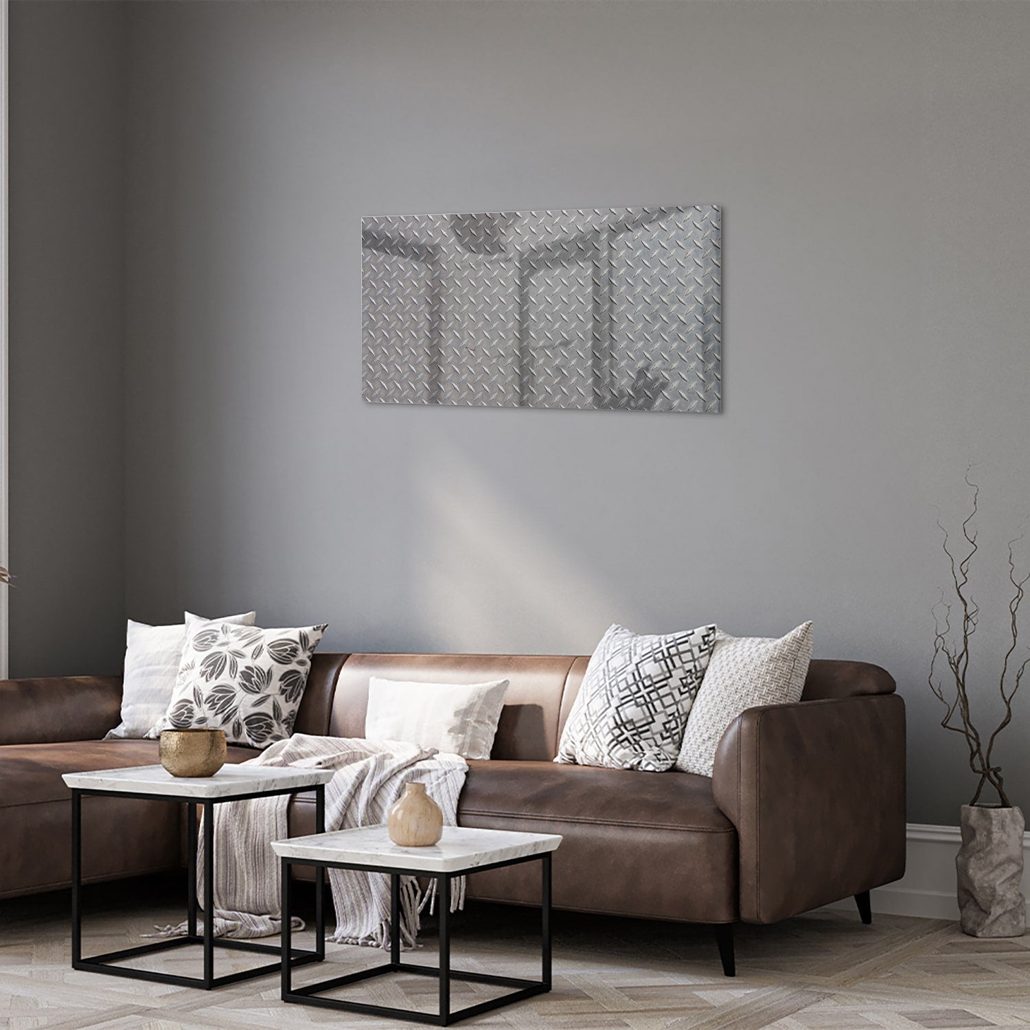 Industrielles Glasbild mit Karomuster – Glasbild aus Sicherheitsglas, Größe 125x50