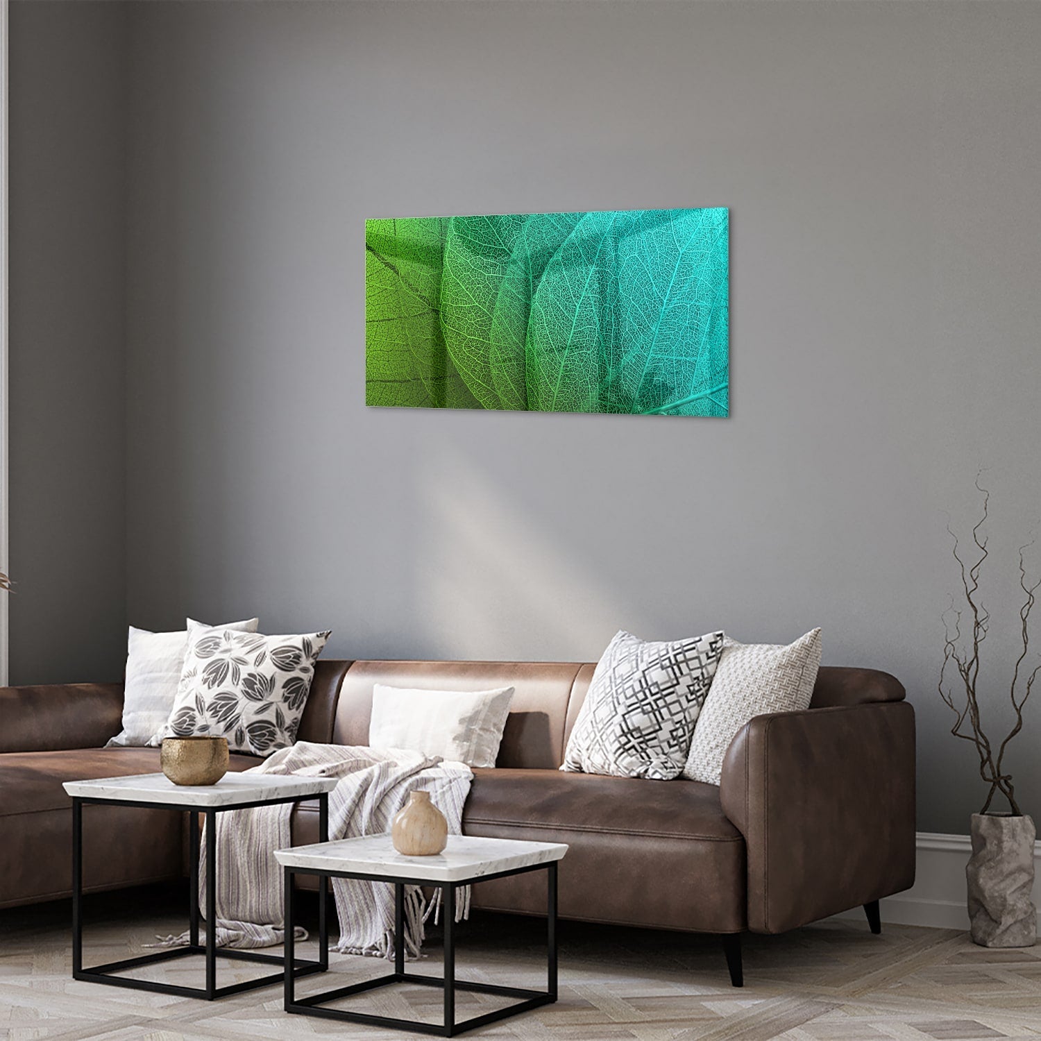 Glasbild mit strukturierter Oberfläche aus grünen Blättern – Glasbild aus Sicherheitsglas, Größe 125x50