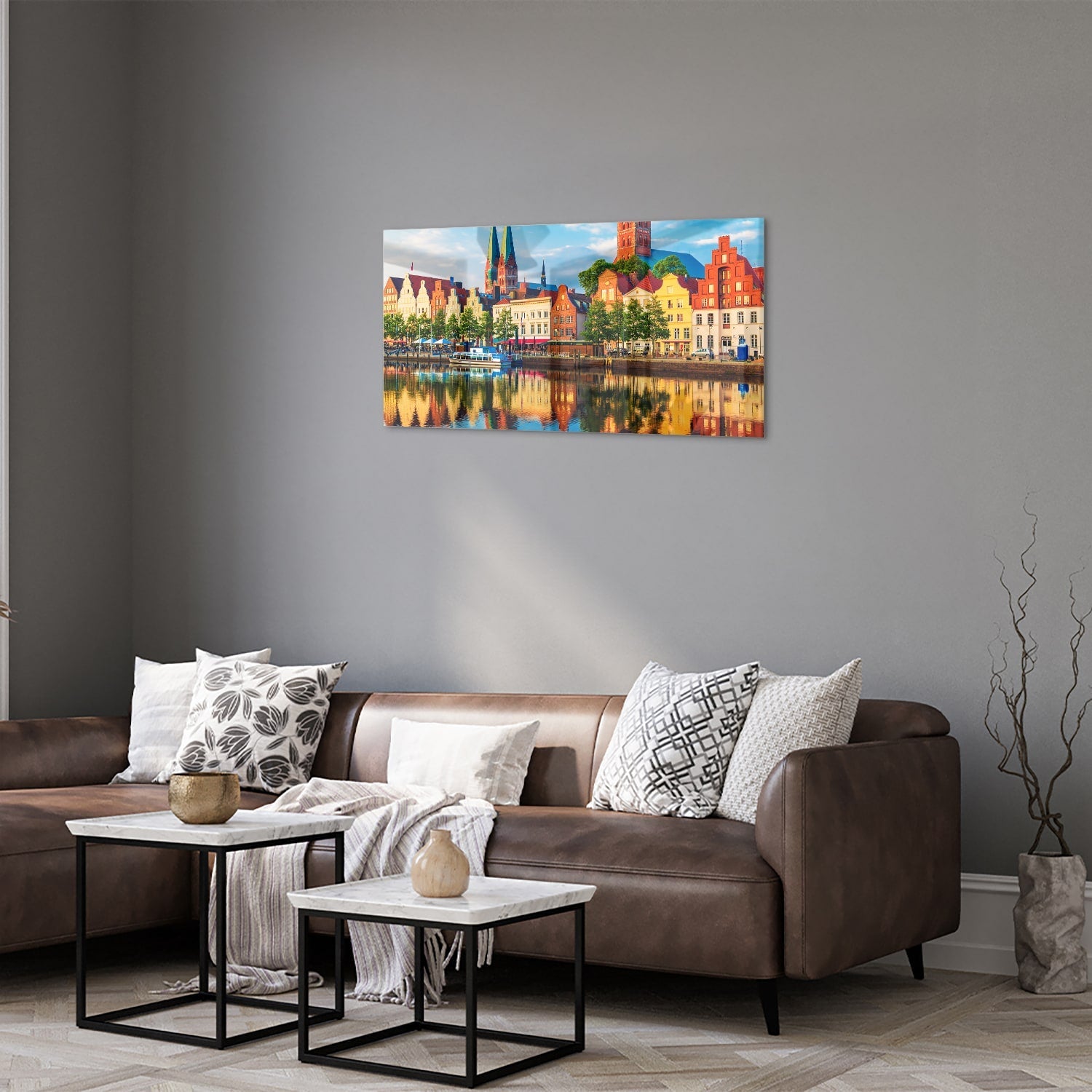 Farbenfrohes Glasbild mit einer Stadtlandschaft – Glasbild aus Sicherheitsglas, Größe 125x50
