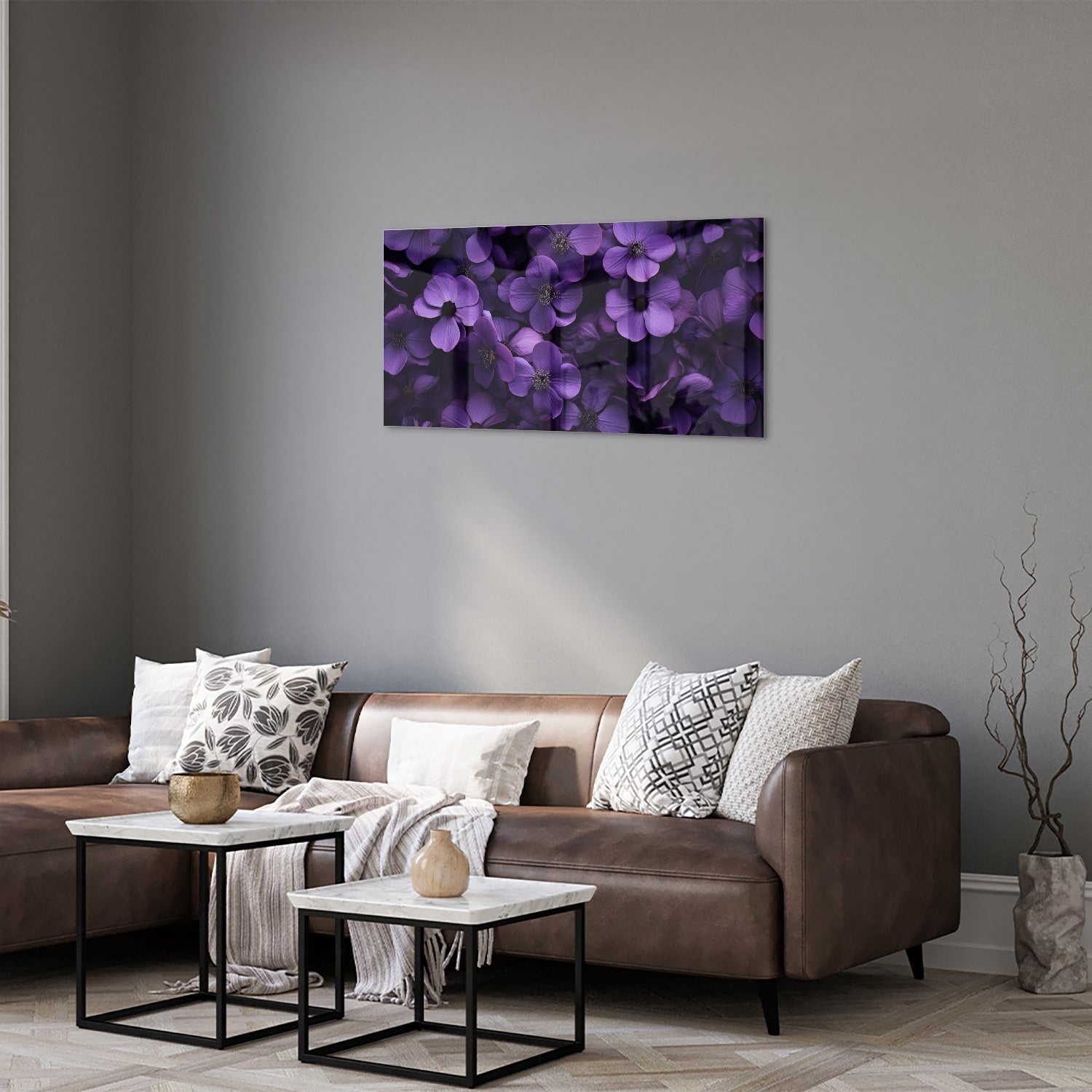 Glasbild mit violetten Blumen für Ihr Interieur – Glasbild aus Sicherheitsglas, Größe 125x50