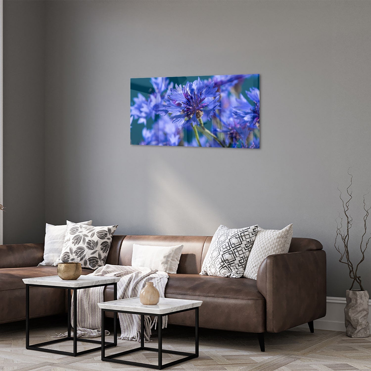 Wunderschönes violettes Glasbild mit Blumenmotiv – Glasbild aus Sicherheitsglas, Größe 125x50