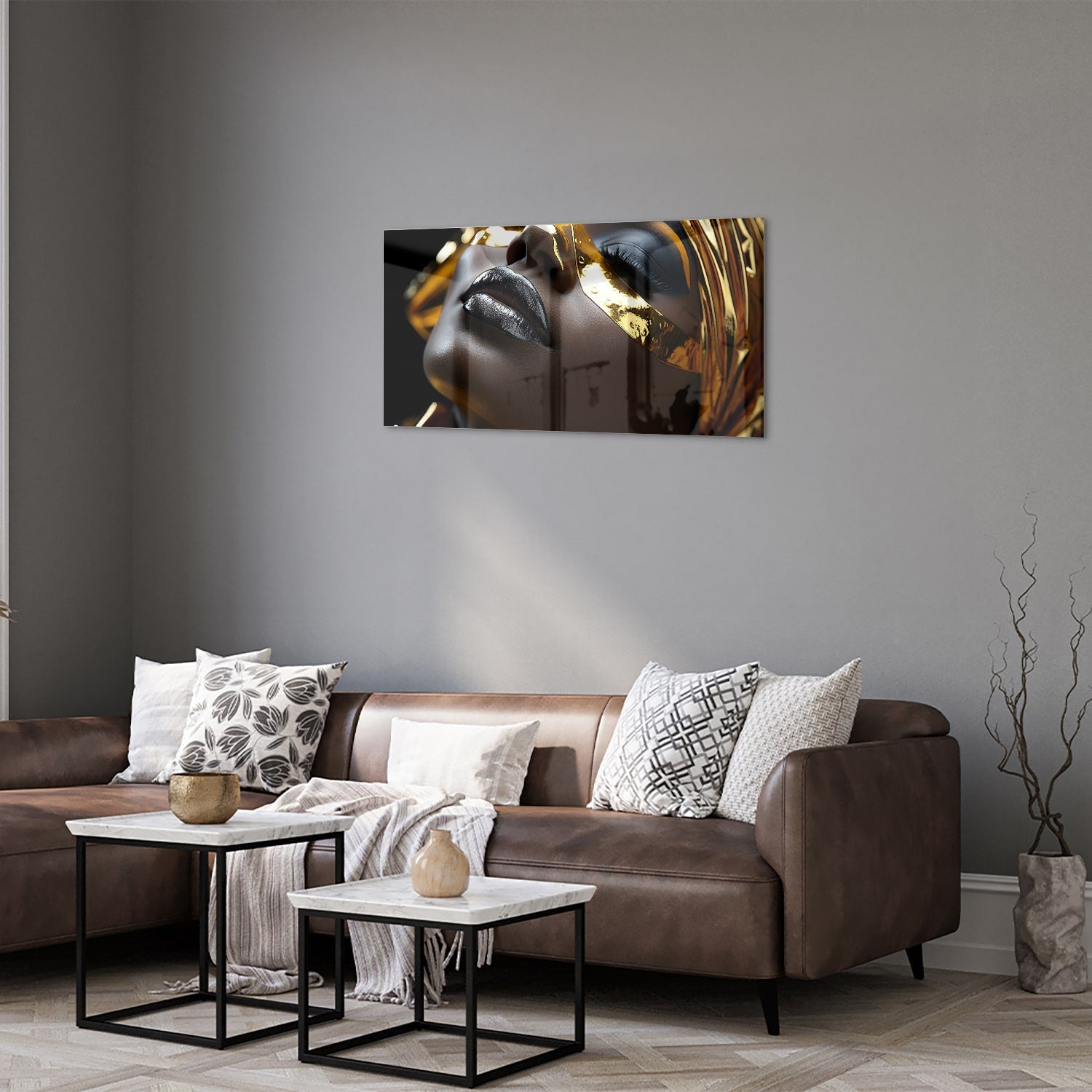 Goldenes und schwarzes Glasbild mit weiblichem Gesicht – Glasbild aus Sicherheitsglas, Größe 125x50