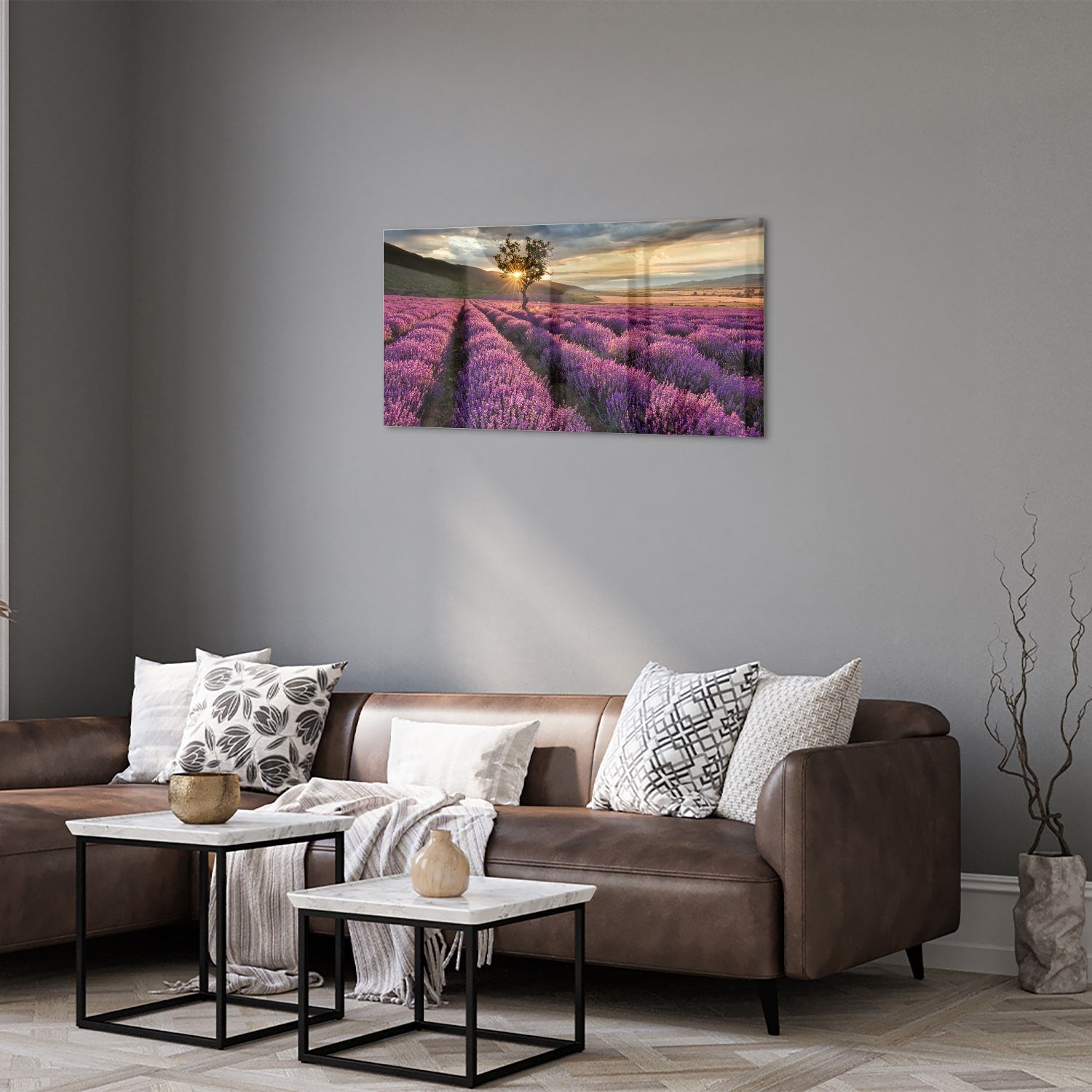 Glasbild mit violetten Lavendelfeldern bei Sonnenuntergang – Glasbild aus Sicherheitsglas, Größe 125x50