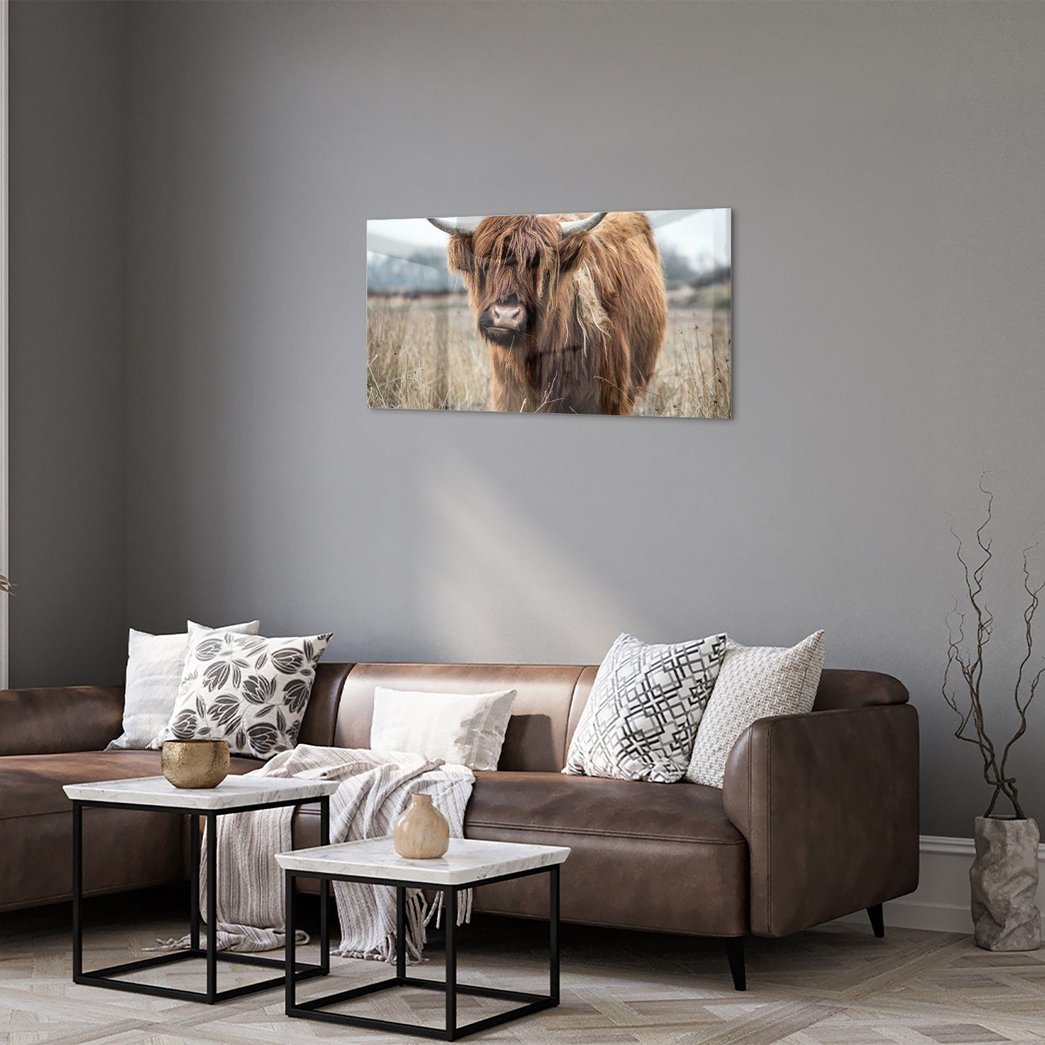 Glasbild mit Hochlandrind in Holzoptik – Glasbild aus Sicherheitsglas, Größe 125x50