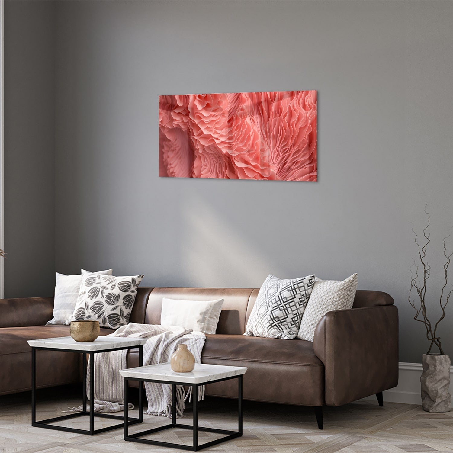Abstraktes rosa Glasbild mit wellenförmigem Muster – Glasbild aus Sicherheitsglas, Größe 125x50