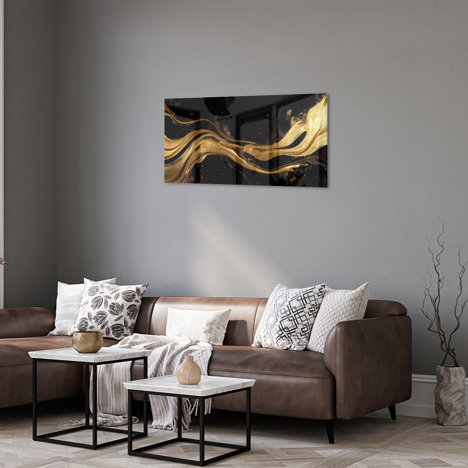Elegantes Glasbild mit goldenen Linien – Glasbild aus Sicherheitsglas, Größe 125x50