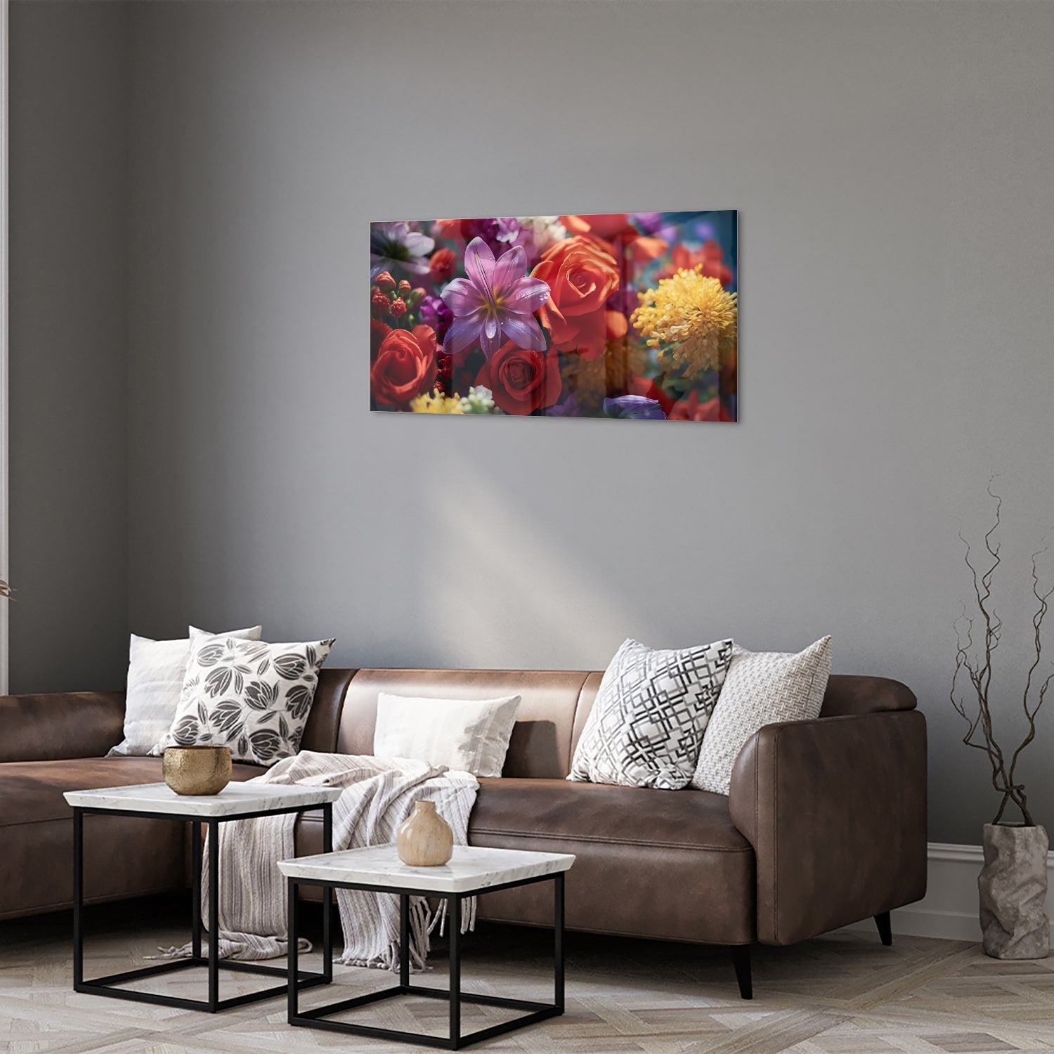 Farbenfrohes Glasbild mit Blütenpracht – Glasbild aus Sicherheitsglas, Größe 125x50