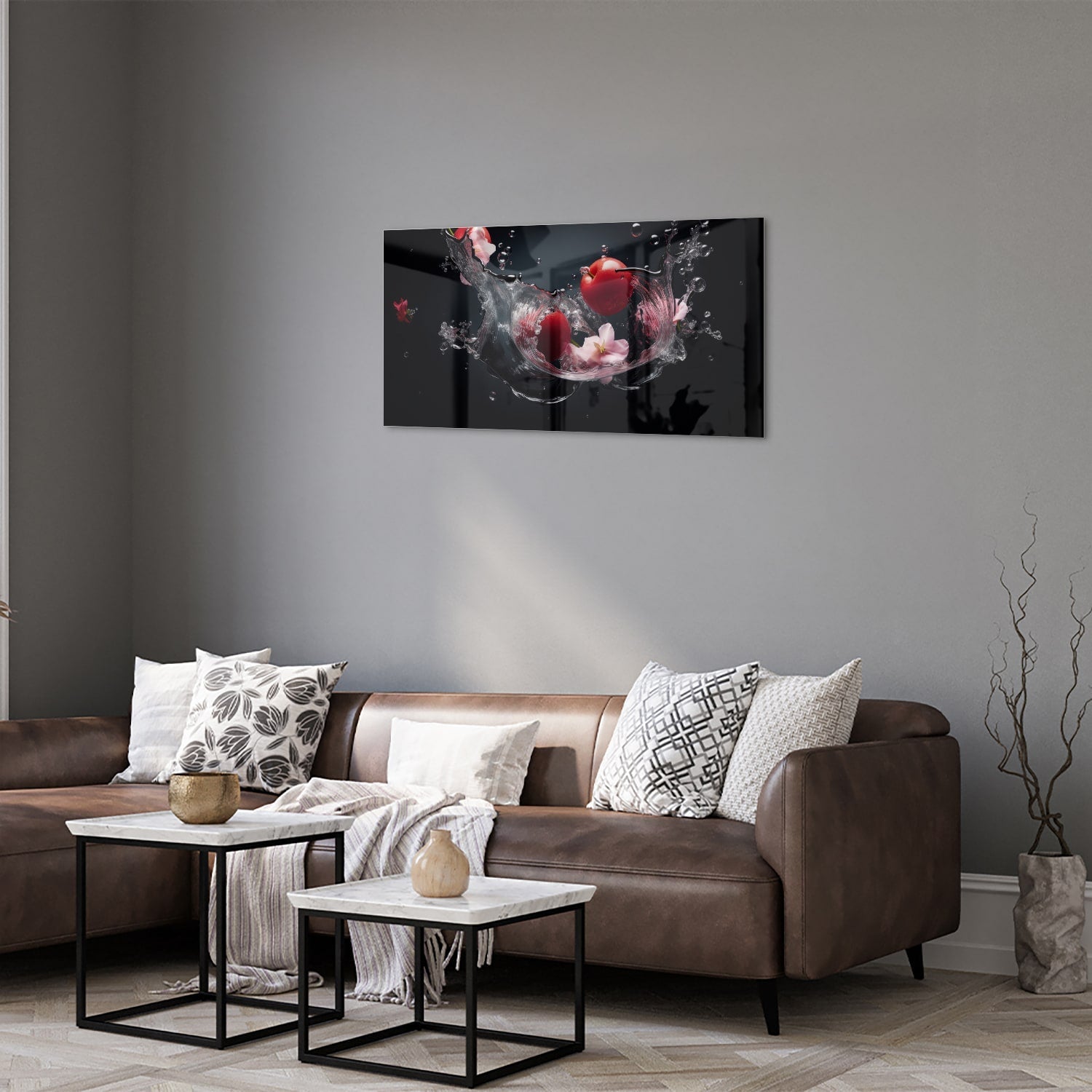 Glasbild mit rosa Blumen und Wassertropfen – Glasbild aus Sicherheitsglas, Größe 125x50