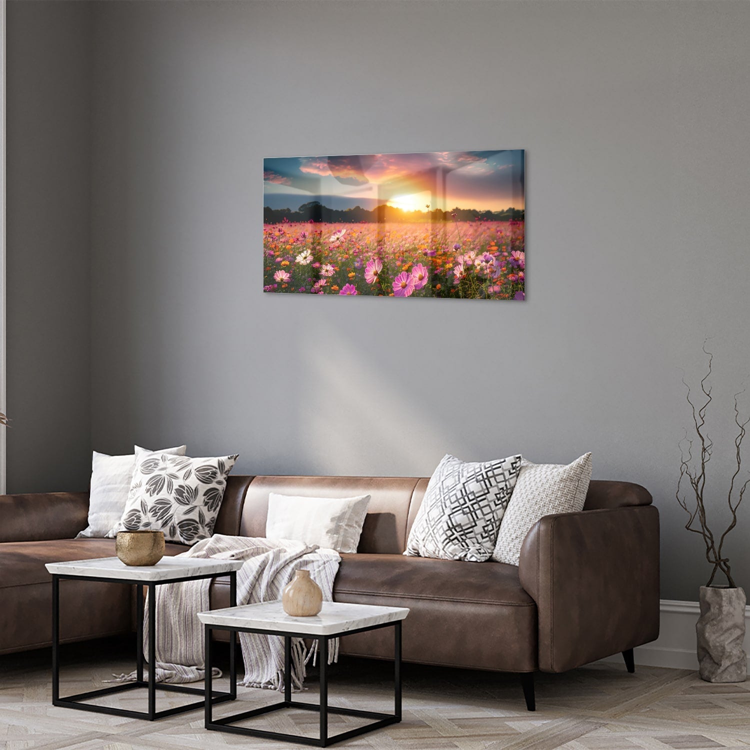 Glasbild – Sonnenuntergang über Blumenfeld – Glasbild aus Sicherheitsglas, Größe 125x50