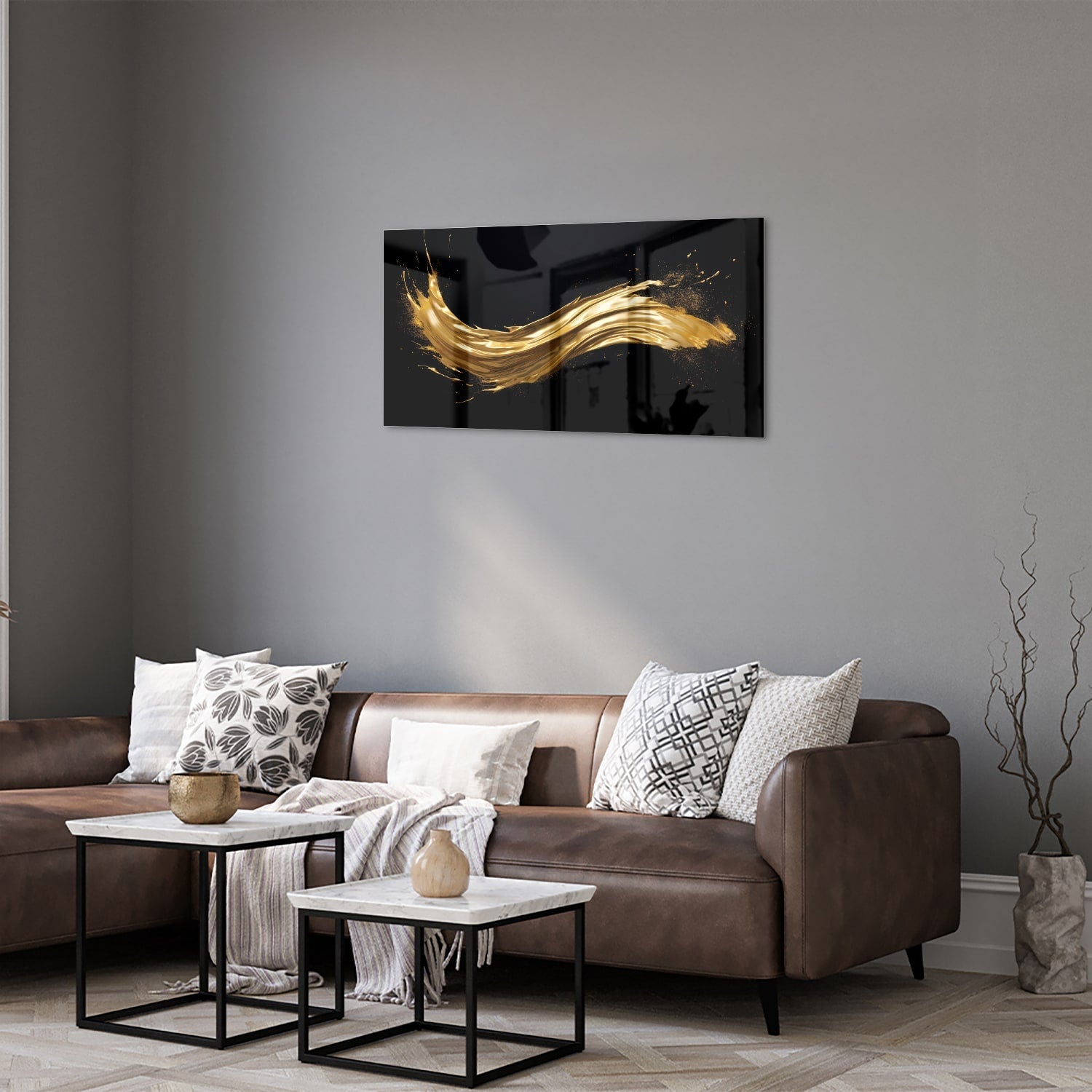 Glasbild mit goldenem Glanz auf schwarzem Hintergrund – Glasbild aus Sicherheitsglas, Größe 125x50