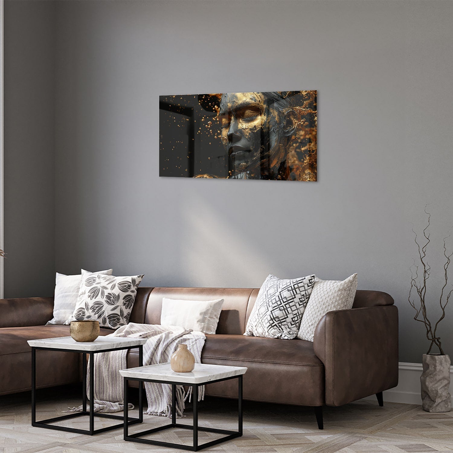 Goldenes Glasbild mit weiblichem Porträt – Glasbild aus Sicherheitsglas, Größe 125x50