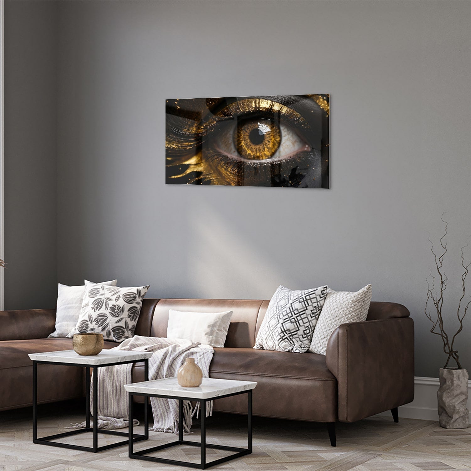 Glasbild Augen-Kunstwerk in Gold und Schwarz – Glasbild aus Sicherheitsglas, Größe 125x50