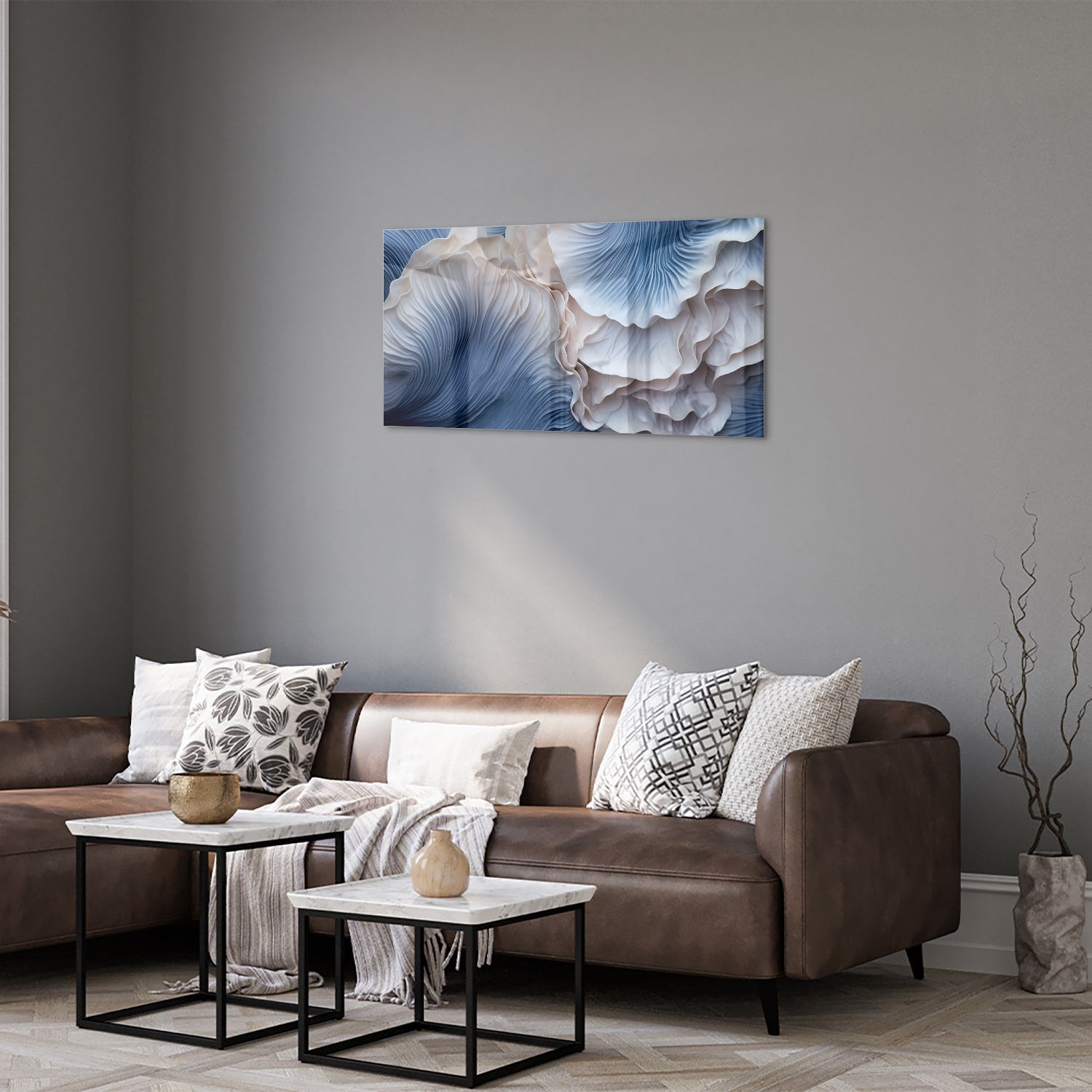 Elegantes Glasbild mit blauen und weißen Mustern – Glasbild aus Sicherheitsglas, Größe 125x50