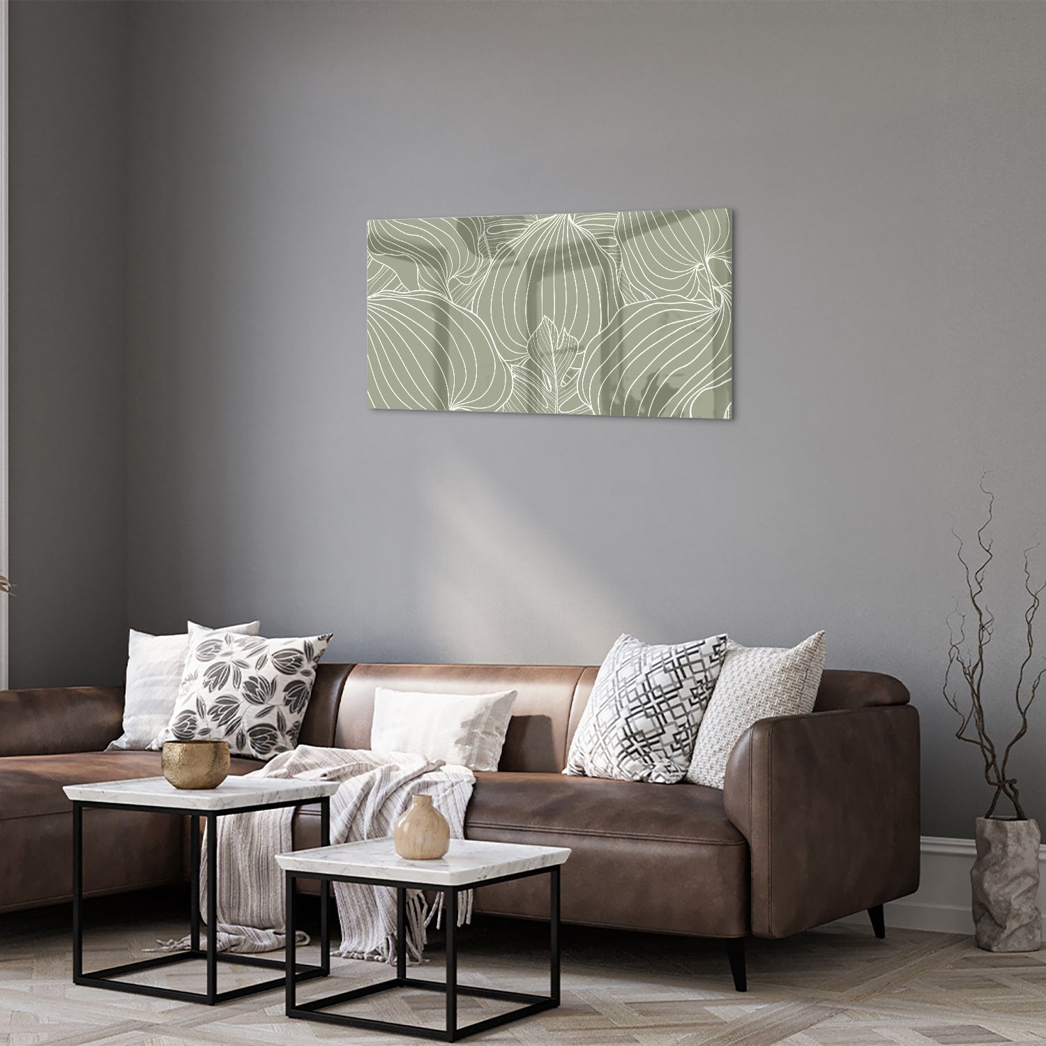 Glasbild mit sanften Linien und Erdtönen – Glasbild aus Sicherheitsglas, Größe 125x50