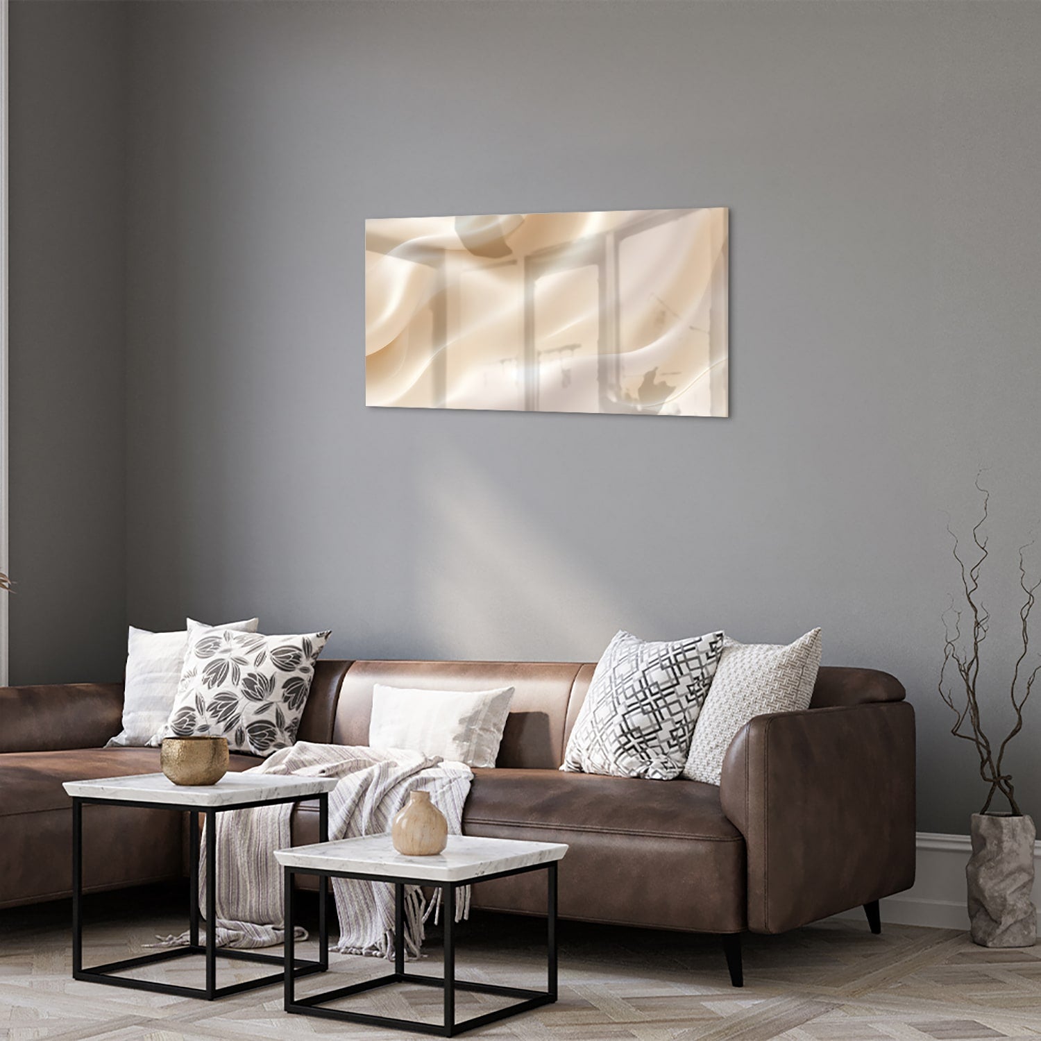 Minimalistisches Glasbild mit warmen Farbtönen – Glasbild aus Sicherheitsglas, Größe 125x50
