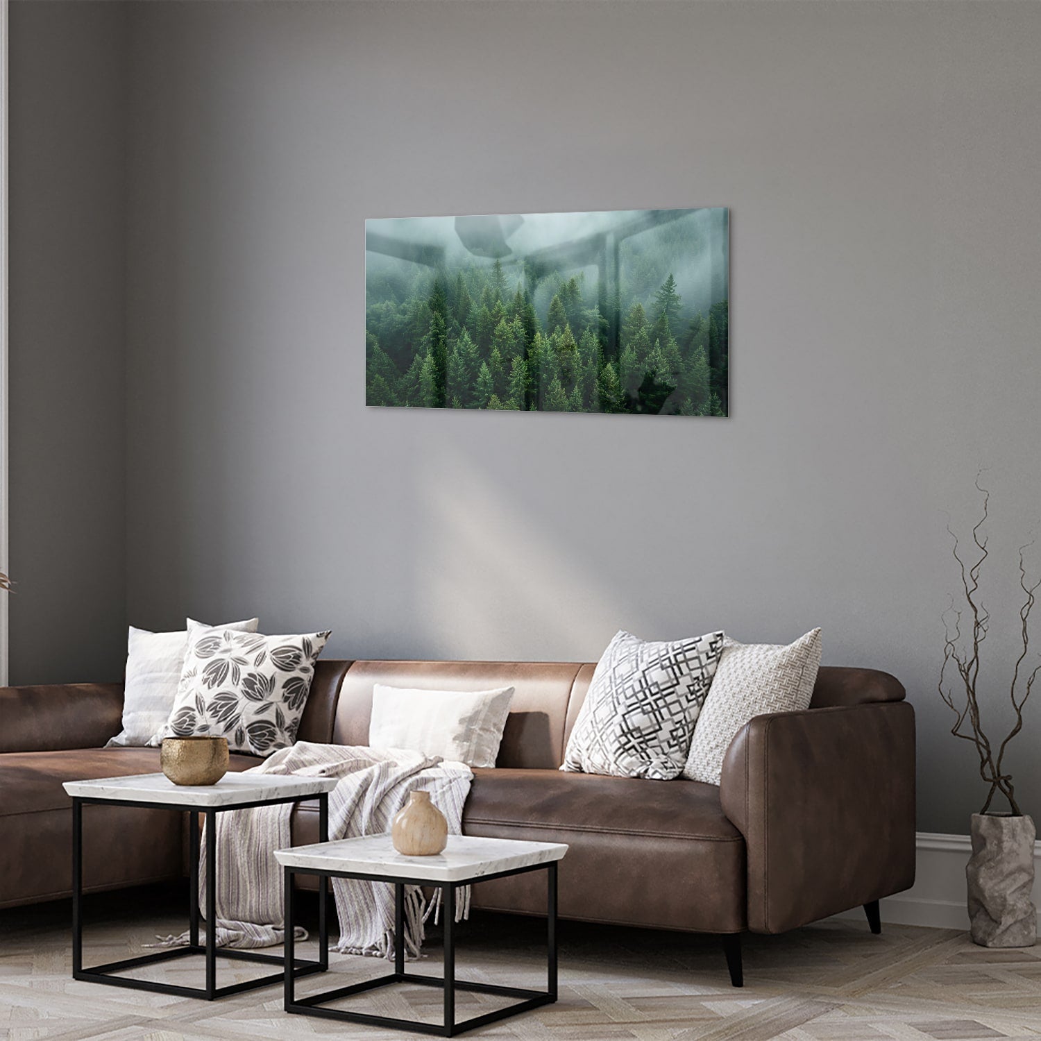 Glasbild mit nebligen Tannenwäldern – Glasbild aus Sicherheitsglas, Größe 125x50