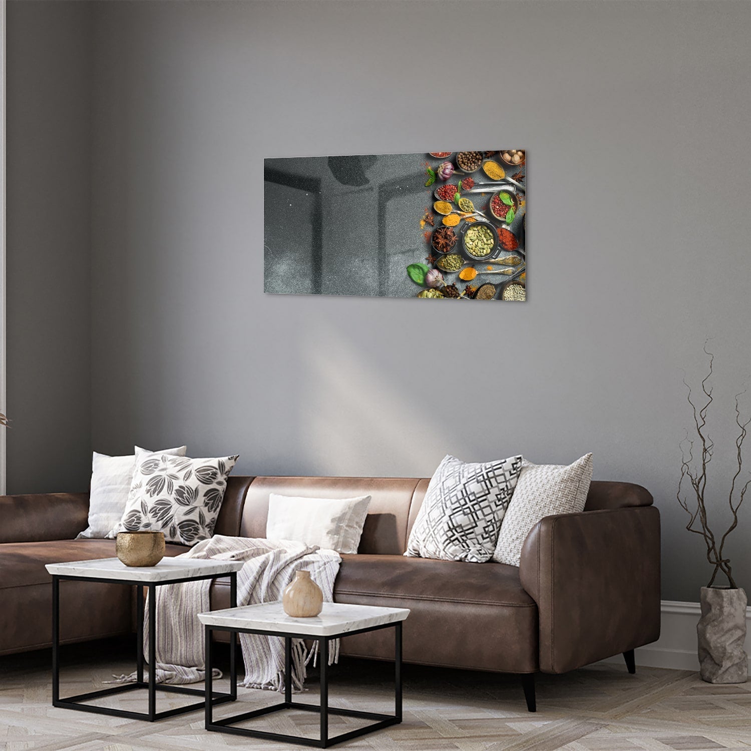 Farbenfrohes Glasbild mit Kräutern und Gewürzen – Glasbild aus Sicherheitsglas, Größe 125x50