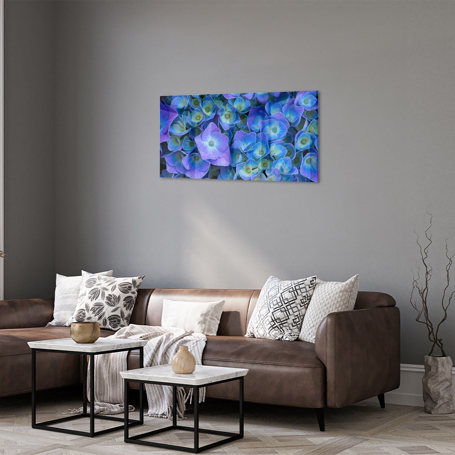 Farbenfrohes Glasbild mit blauen Blumen – Glasbild aus Sicherheitsglas, Größe 125x50