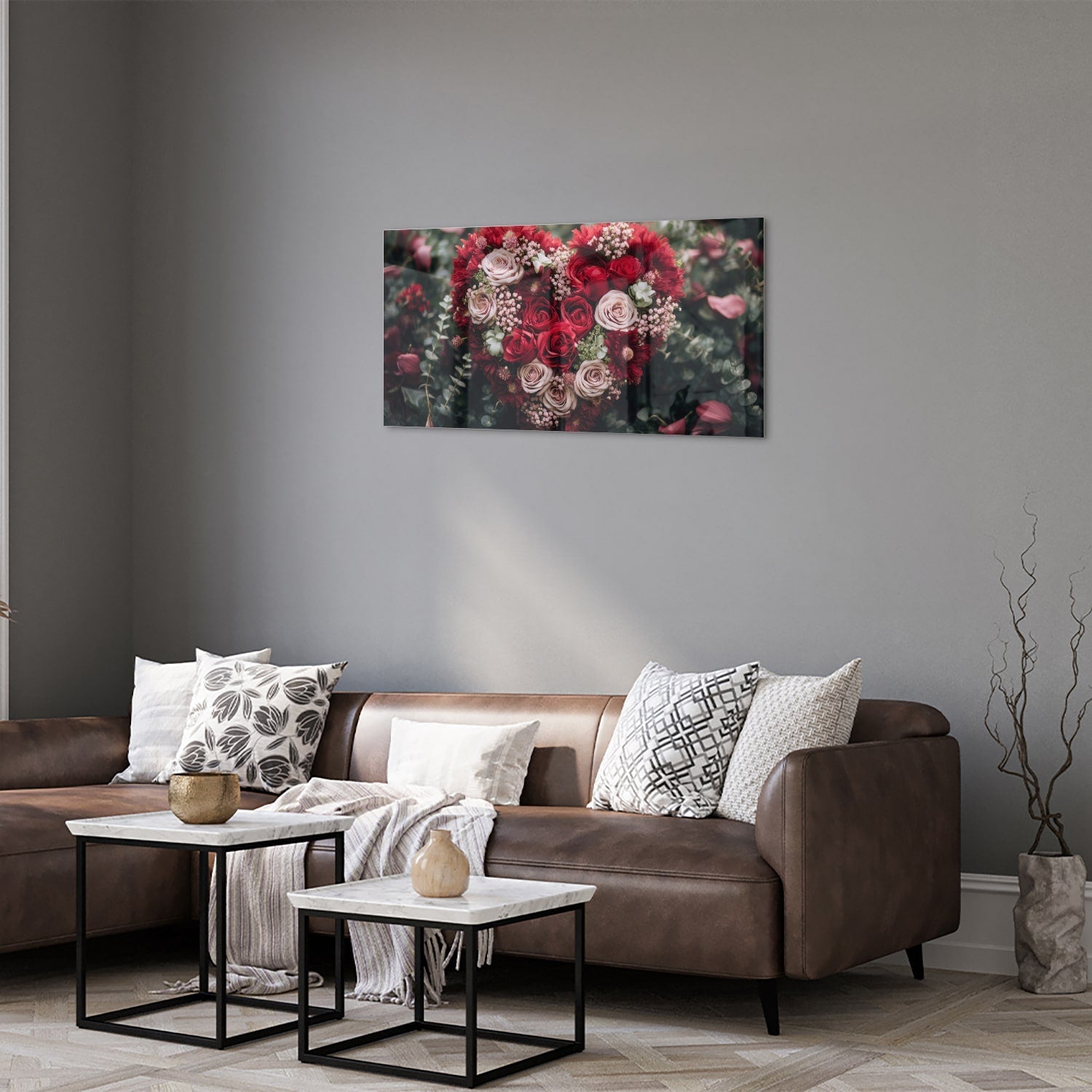 Glasbild mit herzförmigem Blumenmotiv in Rottönen – Glasbild aus Sicherheitsglas, Größe 125x50