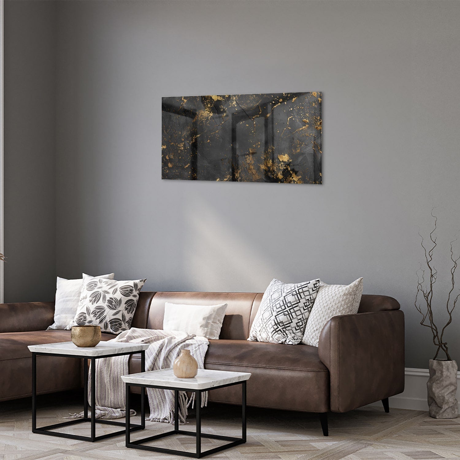 Gold-schwarzes Glasbild mit abstrakten Spritzern – Glasbild aus Sicherheitsglas, Größe 125x50