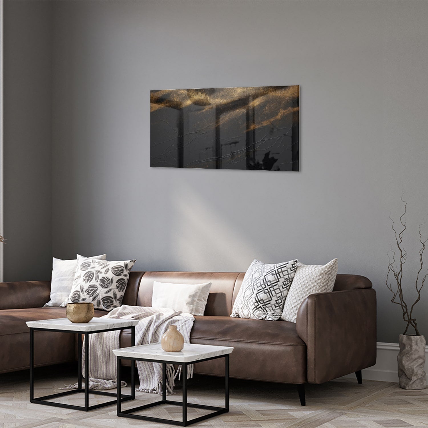 Modernes Glasbild mit goldenen Akzenten – Glasbild aus Sicherheitsglas, Größe 125x50