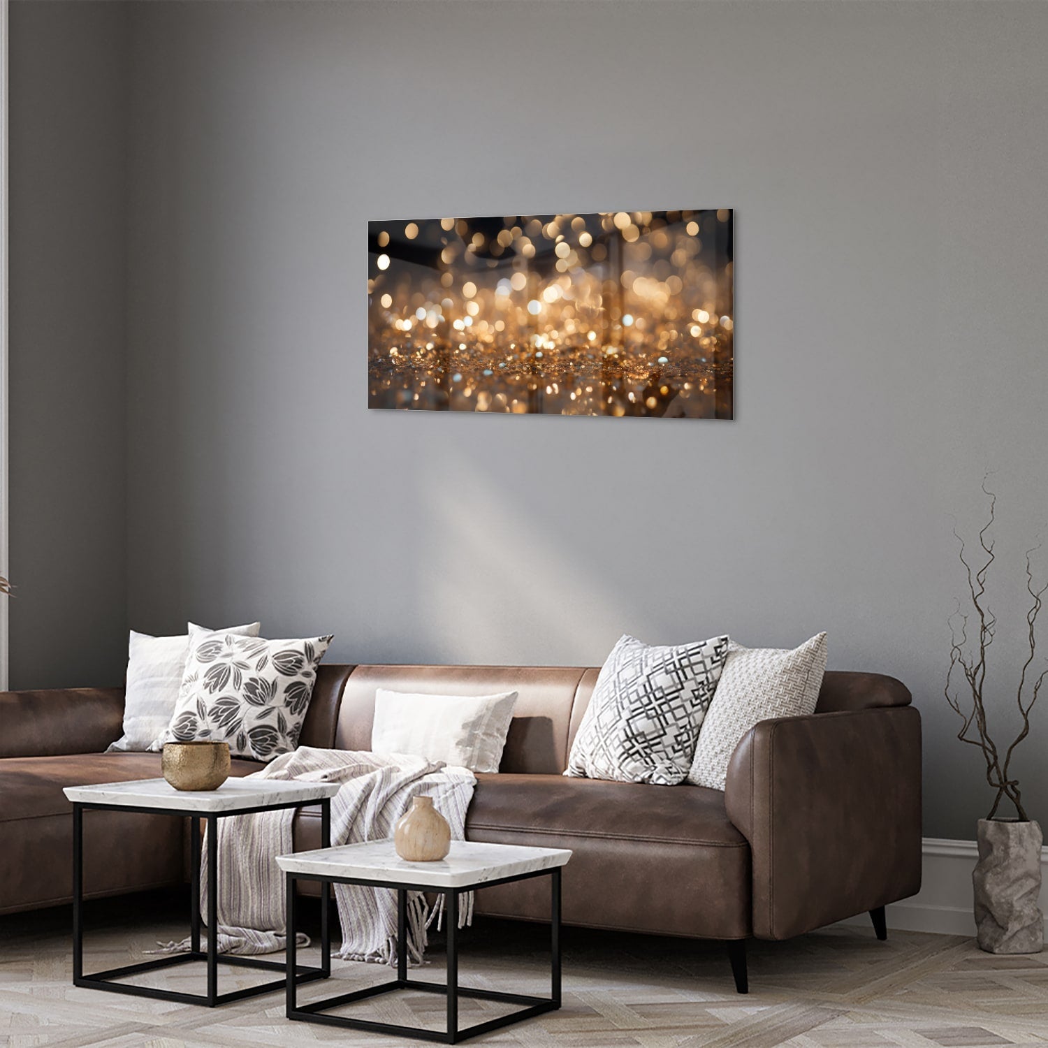 Glasbild mit goldenem Bokeh in moderner Szenerie – Glasbild aus Sicherheitsglas, Größe 125x50