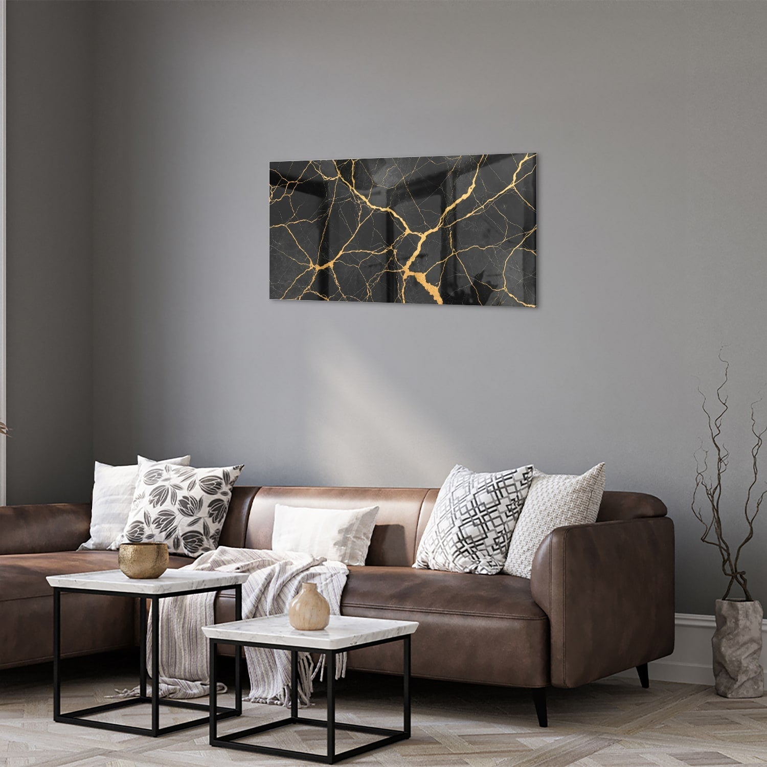 Elegantes Glasbild mit schwarz-goldenem Muster – Glasbild aus Sicherheitsglas, Größe 125x50