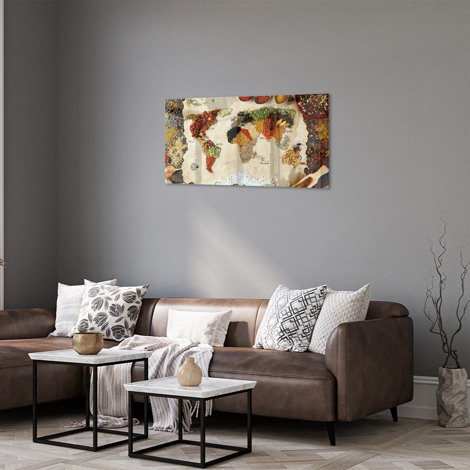 Farbenfrohes Glasbild mit Früchten und Gewürzen – Glasbild aus Sicherheitsglas, Größe 125x50