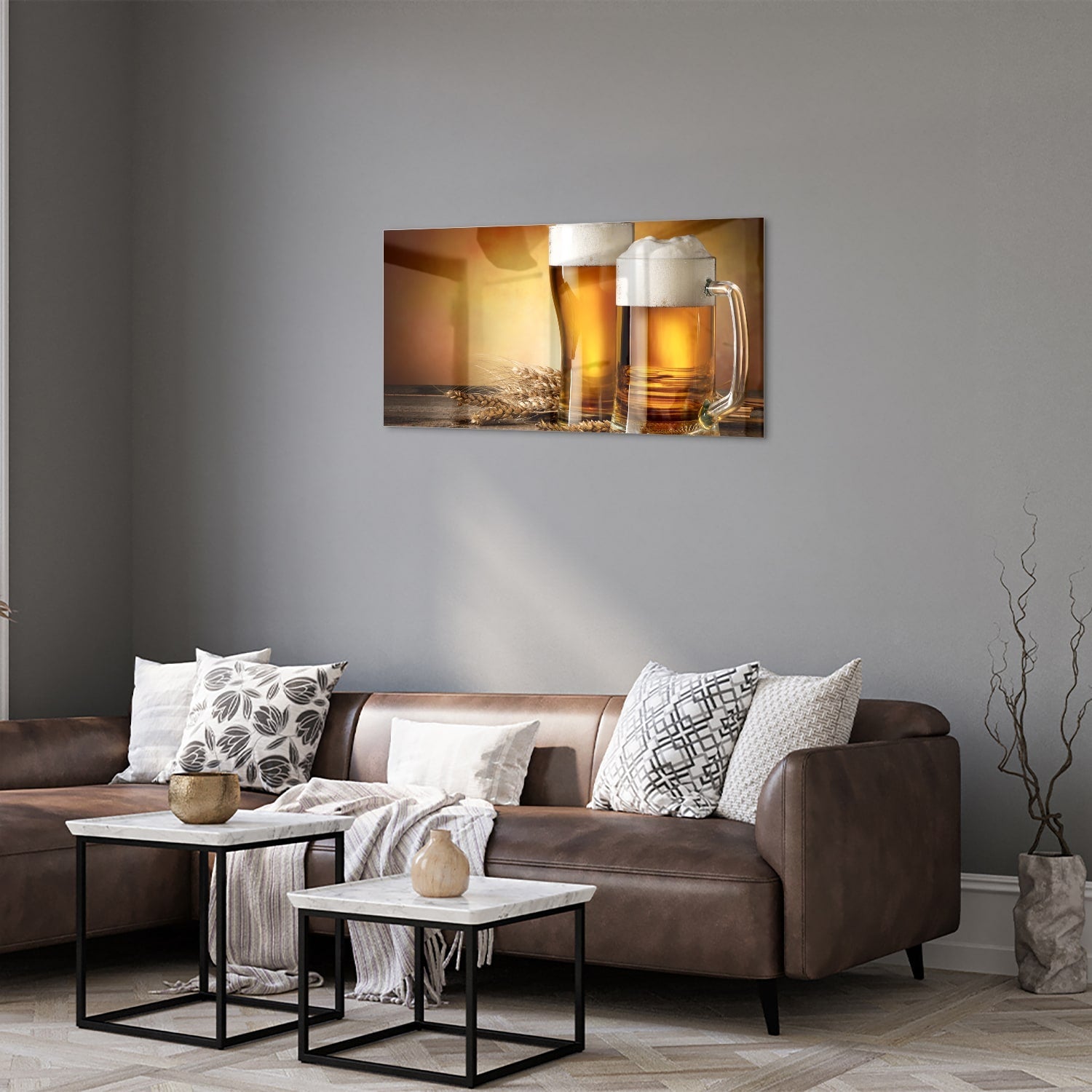 Stilvolles Glasbild mit Bier und Gerste – Glasbild aus Sicherheitsglas, Größe 125x50