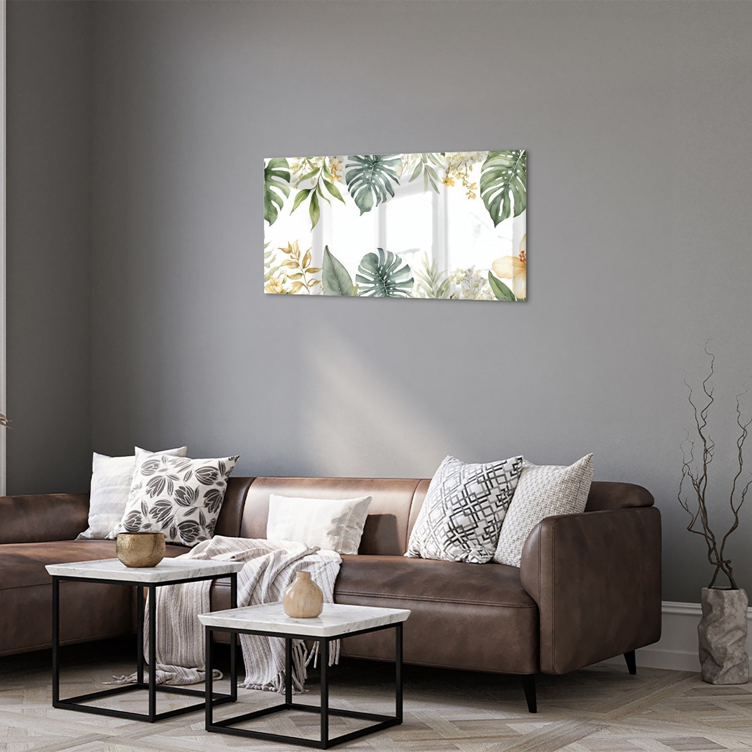 Glasbild mit tropischen Blättern und botanischer Flora – Glasbild aus Sicherheitsglas, Größe 125x50