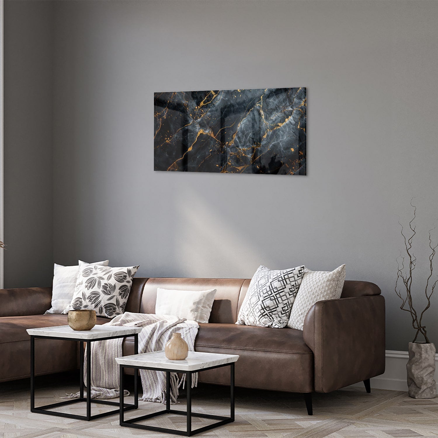 Elegantes Glasbild mit Marmoroptik und goldenen Adern – Glasbild aus Sicherheitsglas, Größe 125x50