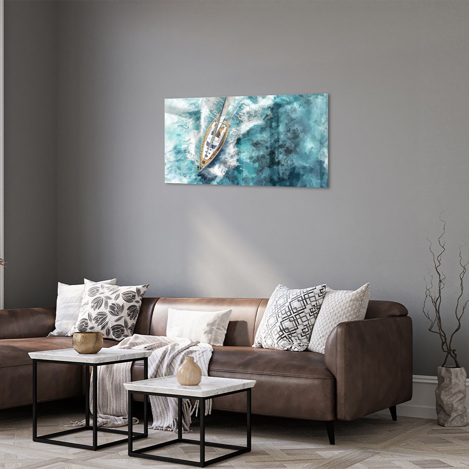 Wunderschönes Glasbild mit einer Yacht auf dem See – Glasbild aus Sicherheitsglas, Größe 125x50
