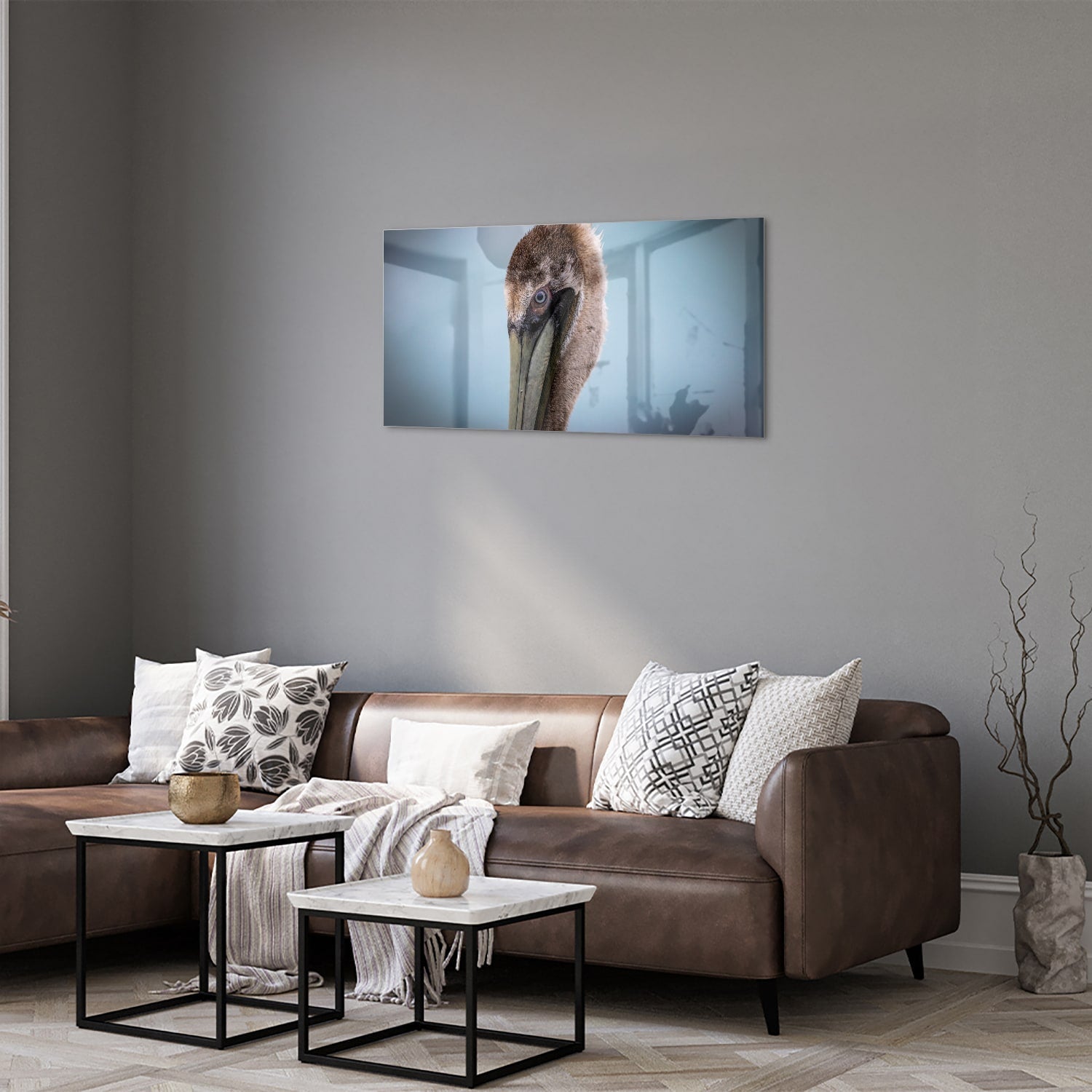 Stilvolles Glasbild mit Pelikan-Porträt – Glasbild aus Sicherheitsglas, Größe 125x50