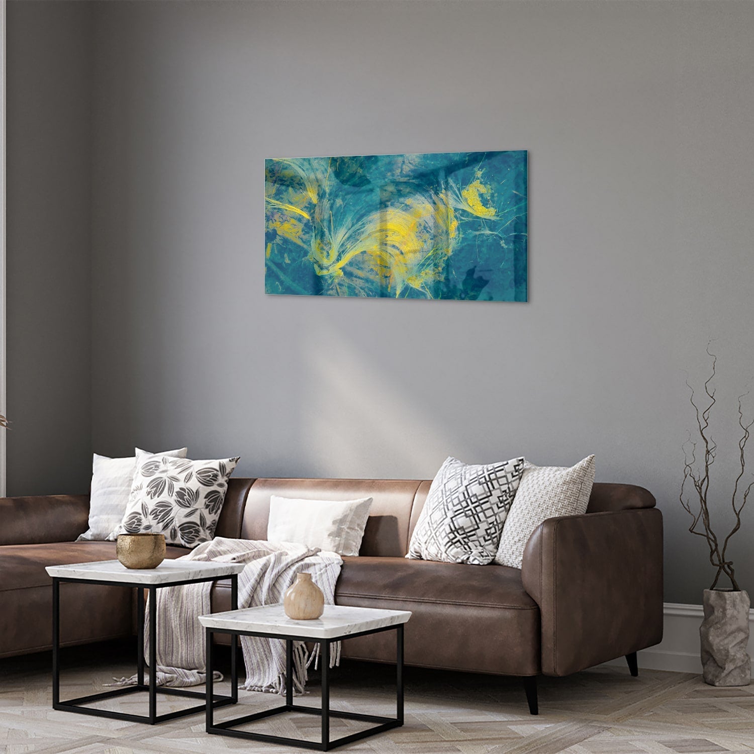 Farbenfrohes Glasbild mit abstraktem blau-gelbem Muster – Glasbild aus Sicherheitsglas, Größe 125x50