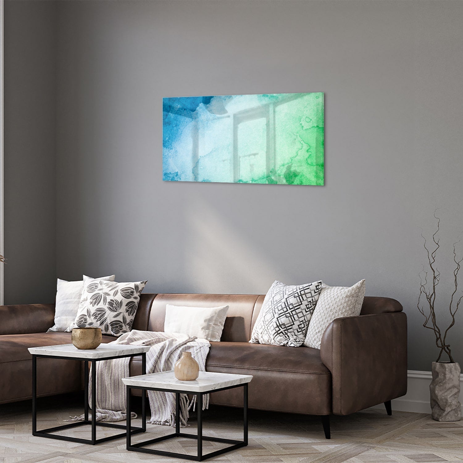 Abstraktes Glasbild in Blau und Grün – Glasbild aus Sicherheitsglas, Größe 125x50