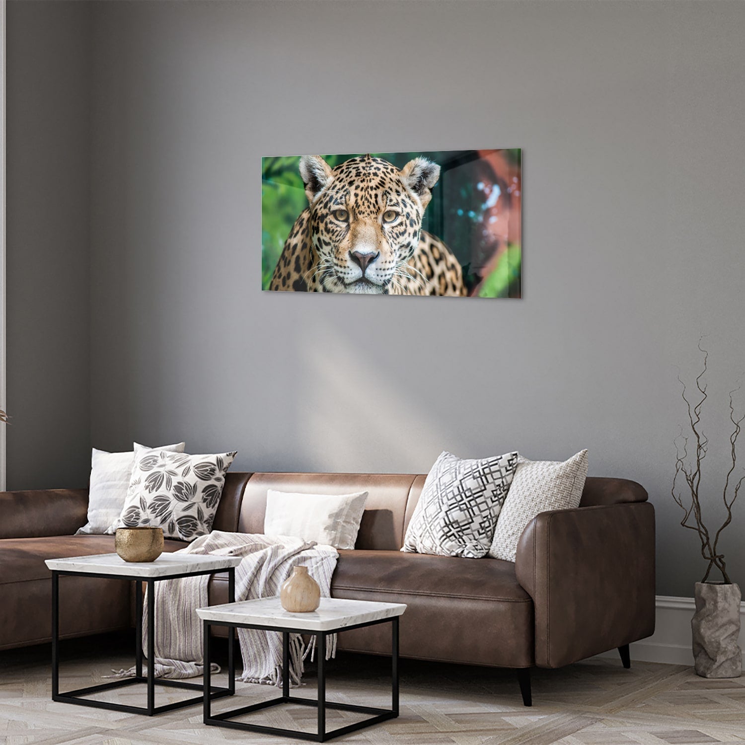 Beeindruckendes Glasbild mit einem Jaguar – Glasbild aus Sicherheitsglas, Größe 125x50