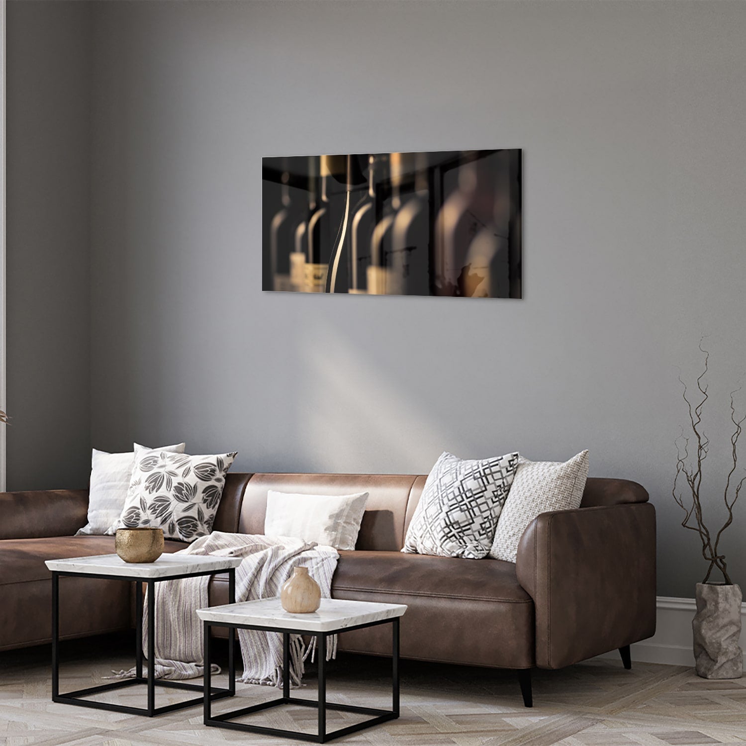 Elegantes Glasbild mit Weinflaschen – Glasbild aus Sicherheitsglas, Größe 125x50