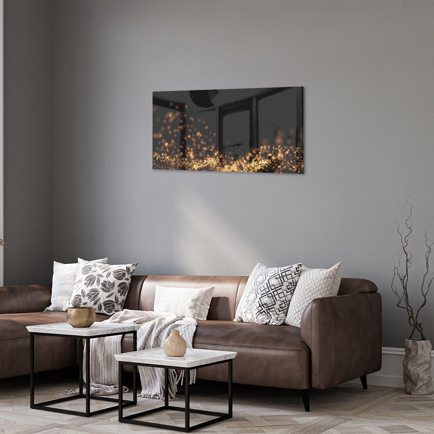 Glasbild mit goldenen Lichtpunkten auf schwarzem Hintergrund – Glasbild aus Sicherheitsglas, Größe 125x50