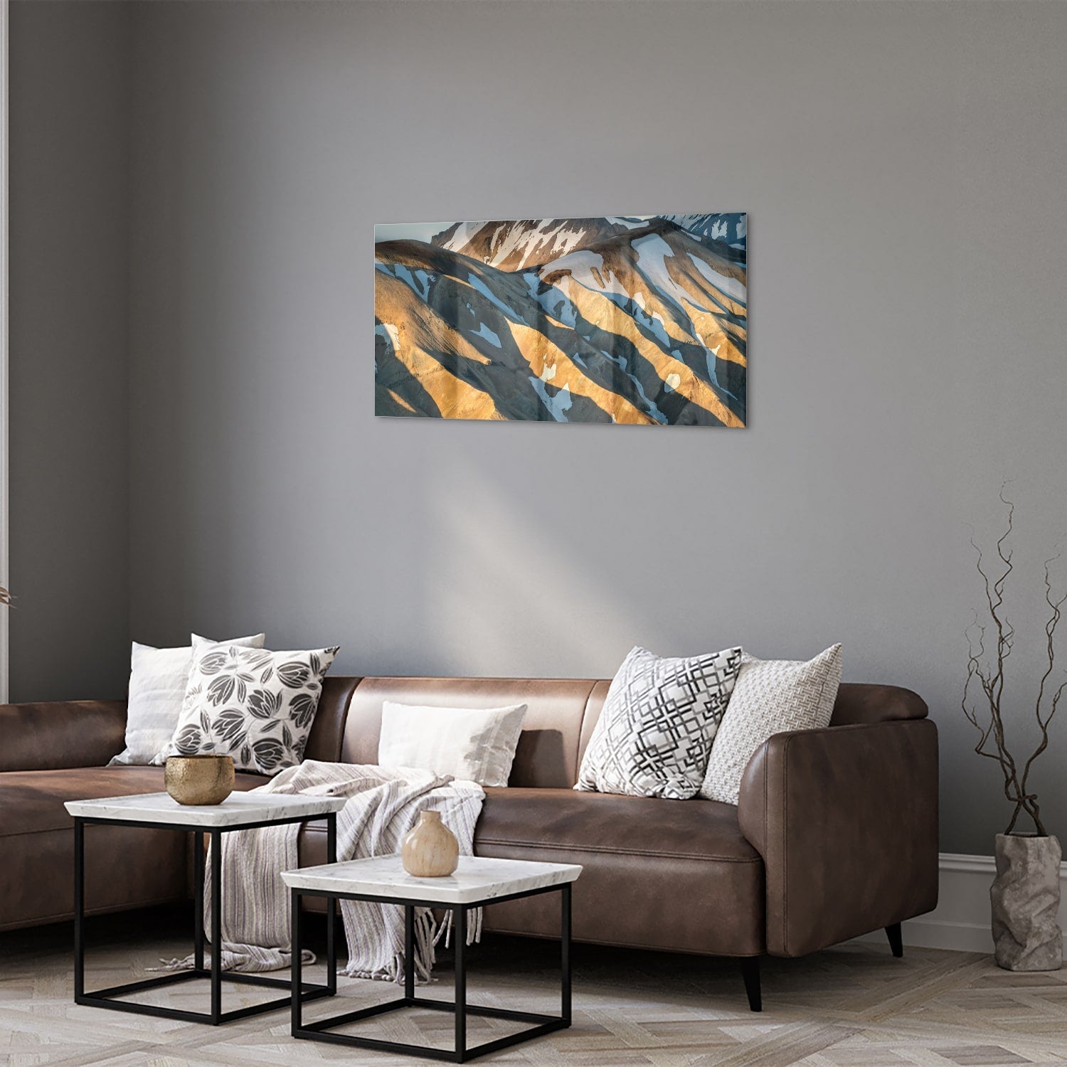 Glasbild mit Bergen und sanften Farben – Glasbild aus Sicherheitsglas, Größe 125x50