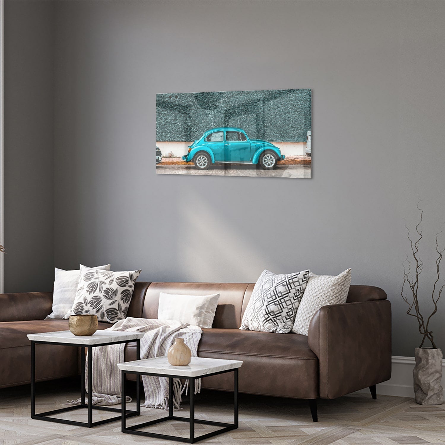Stilvolles Glasbild mit einem türkisen Auto – Glasbild aus Sicherheitsglas, Größe 125x50